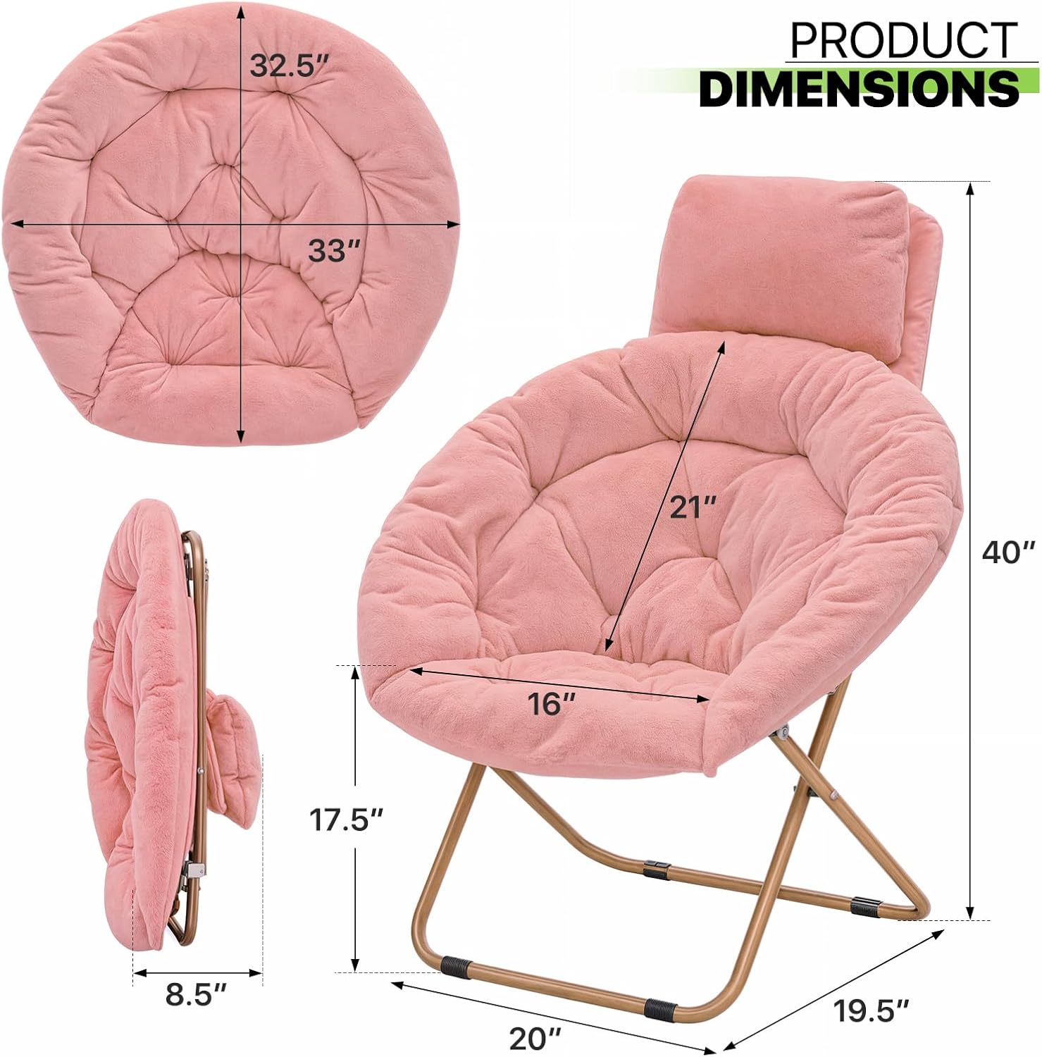 Magshion Saucer Chair with Removable Headrest, Folding Moon Chair for Adults, Oversized Comfy Reading Seat for Bedroom, Living Room, Dorm Room, Apartment (Pink,)