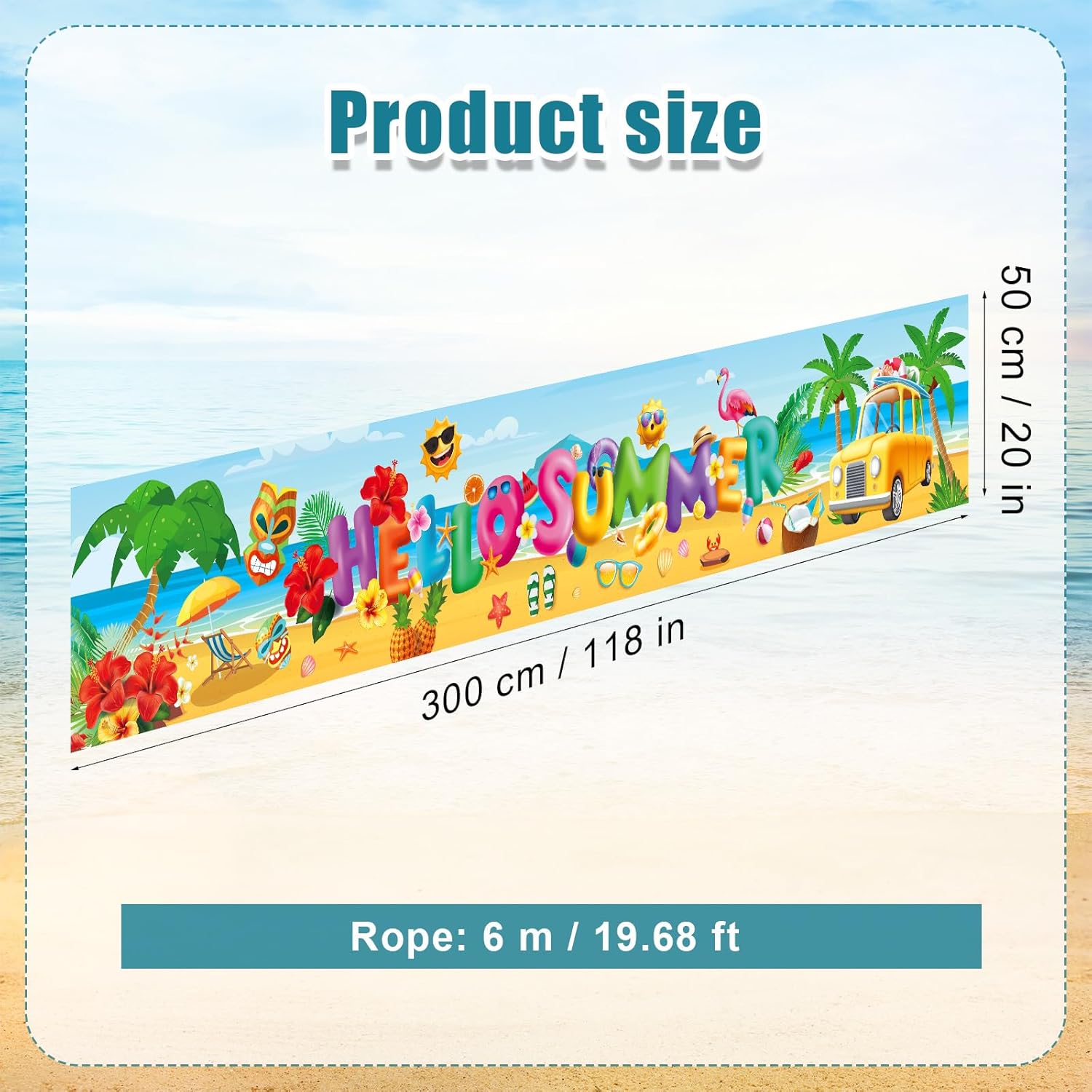 Hello Summer Banner, 118x20 Inch Hello Summer Beach Backdrop Yard Sign Background Props for Summer Tropical Holiday Seaside Outdoor Decorations Supplies