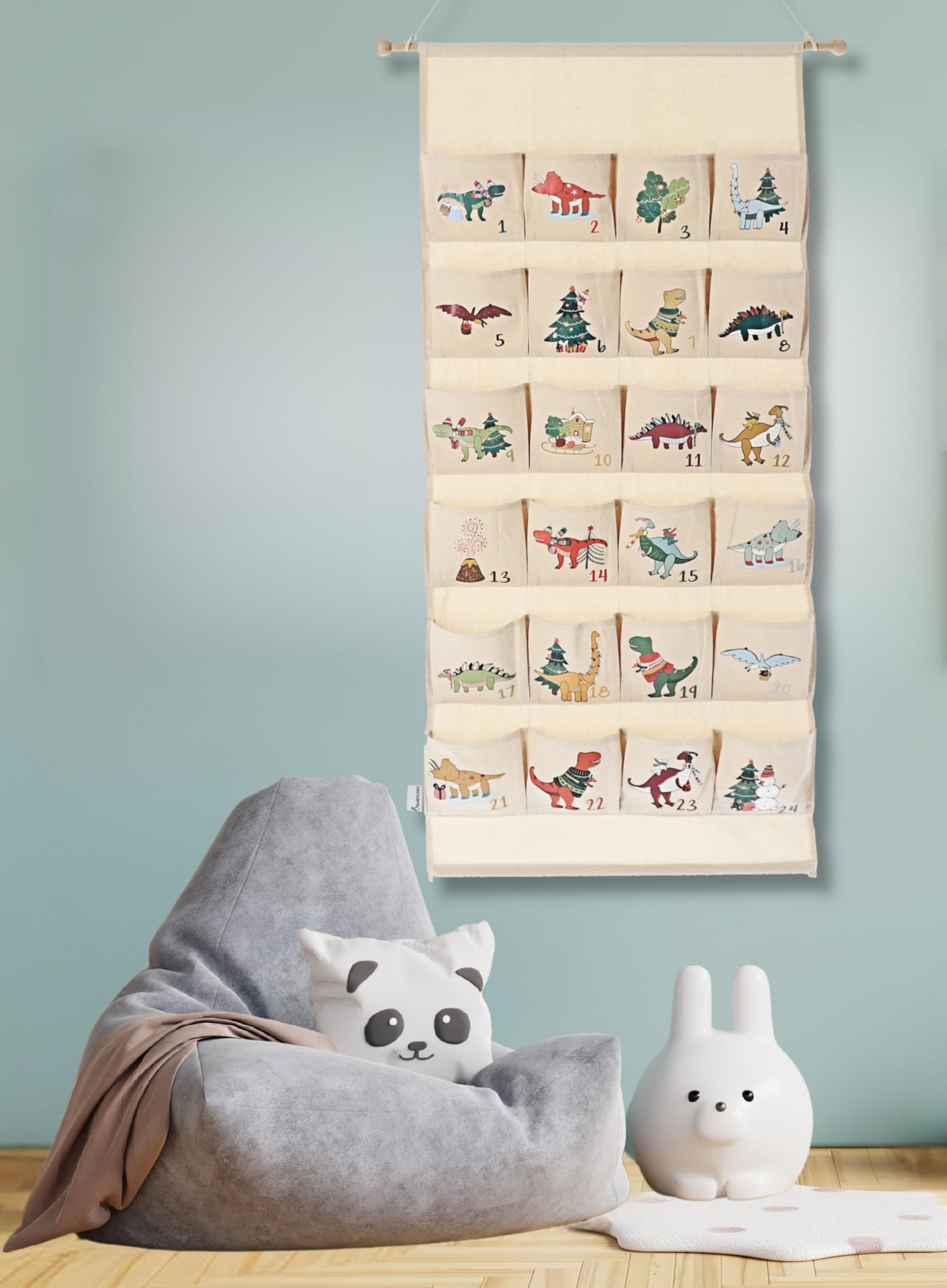 Adventskalender zum Befüllen, Kinder, Stoff, Alternative zu Tüten, groß xxl, Holz, Idee für Weihnachten 2025, hängend, Wandkalender, Wandteppich, wiederverwendbar, für Mädchen Jungs [Dinosaurier]