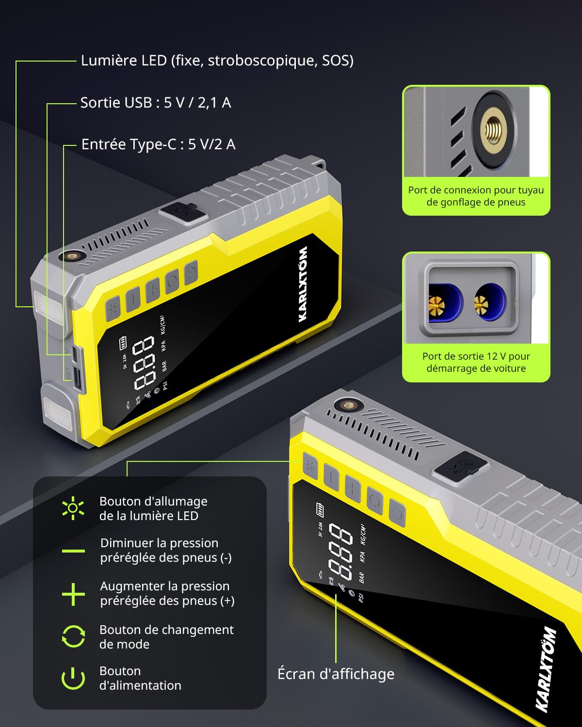 Karlxtom Booster Batterie Voiture avec 190 PSI Gonfleur, 12V Booster Voiture Puissant(Tous Gaz ou 10L Diesel), Écran LCD, 500LM Eclairage de Secours, Banque d'alimentation