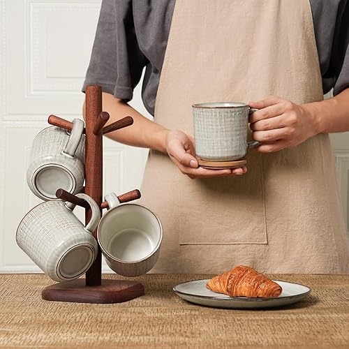 Miniatura 4 de famiware Moonlight - Juego de 4 tazas de café de 13 onzas con acabado de lino, juego de tazas de café con asa para café con leche, capuchino, té,