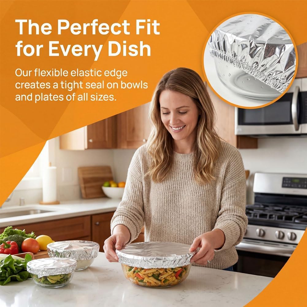 Aluminum Foil Insulation Cover, Elastic Foil Food Covers for Kitchen, Reusable Heat-Retaining Aluminium Food Covers, 110℃ Heat Resistant Elastic Lids for Kitchen, Picnic Restaurant (200Pcs)