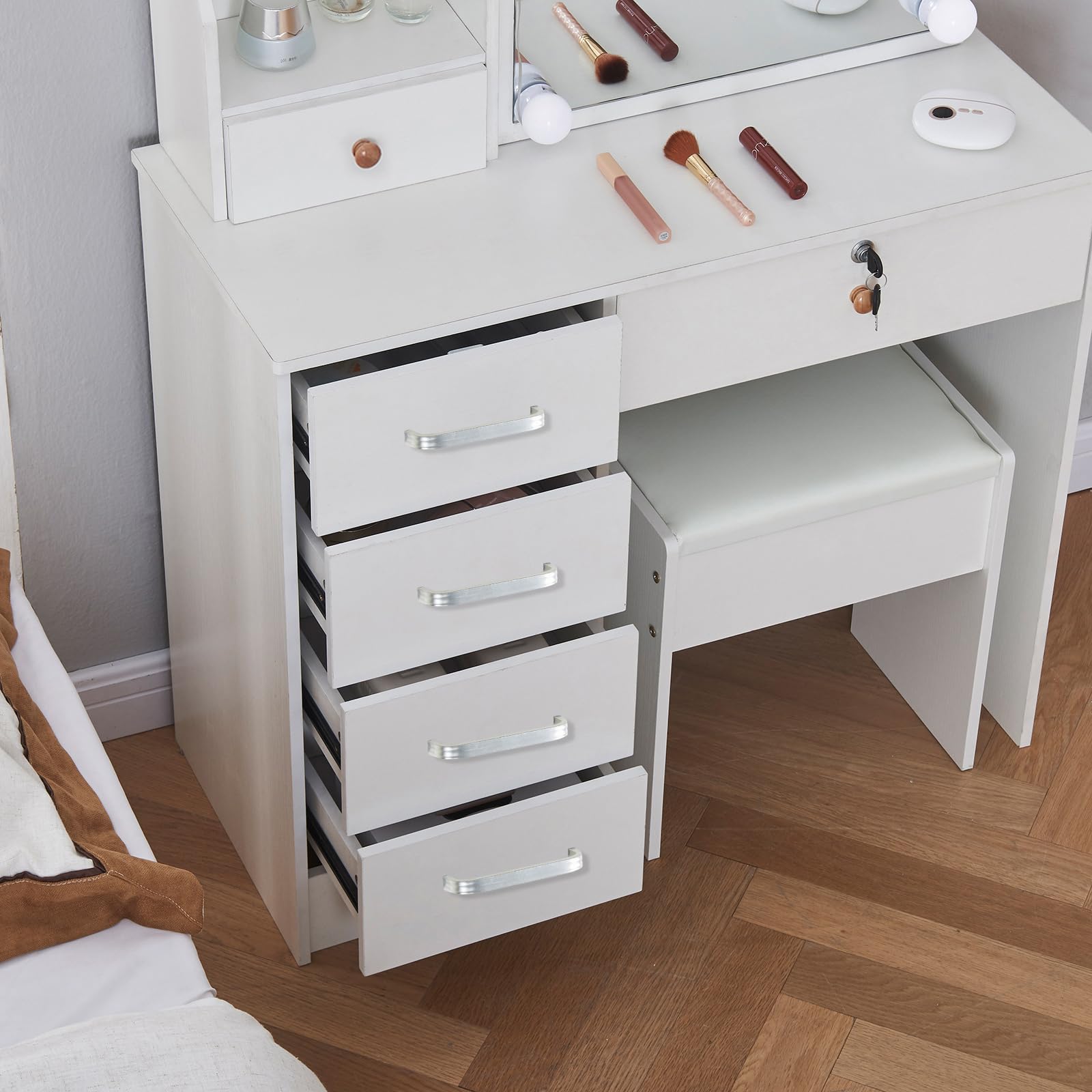 Toeletta da Trucco con 10 Luci LED, Luminosità Regolabile e 3 Temperature di Colore, Tavolo da Trucco con Specchio e Sgabello, 5 Cassetti Grandi, Bianco, 36 x 80 x 131 cm
