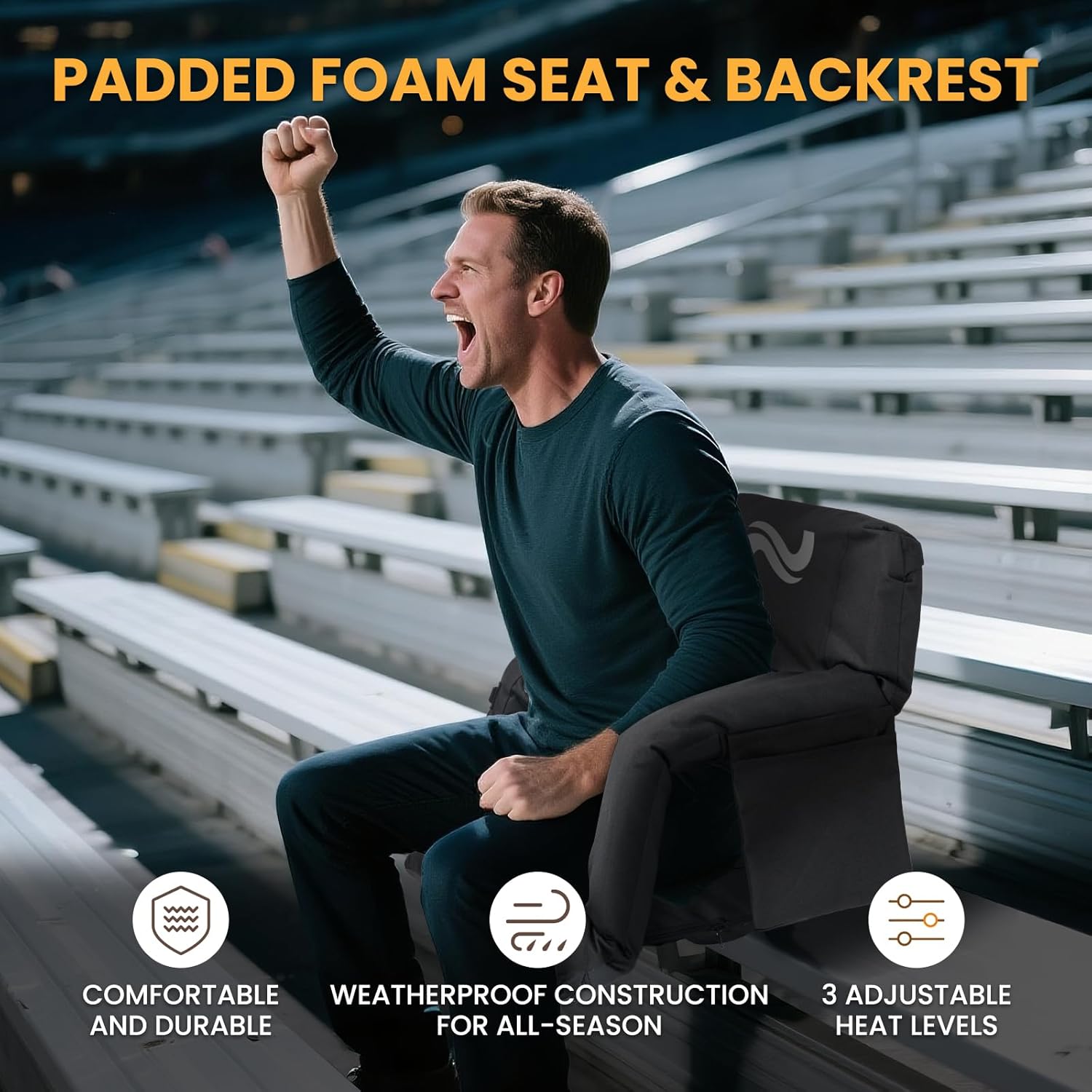 Begonia.K Double Heated Stadium Seat for Bleachers with Back Support, Sofa Style Design Thick Bleacher Chair with Back and Comfy Cushion, 6 Reclining Positions, USB 3 Levels of Heat for Sports Events