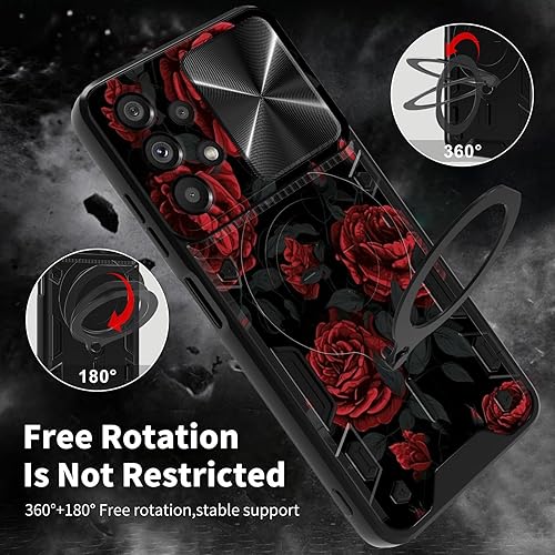 Vista 201 de Funda para Samsung Galaxy A13 5G con cubierta deslizante para lente de cámara y anillo giratorio de 360 grados, soporte híbrido de doble capa Flores