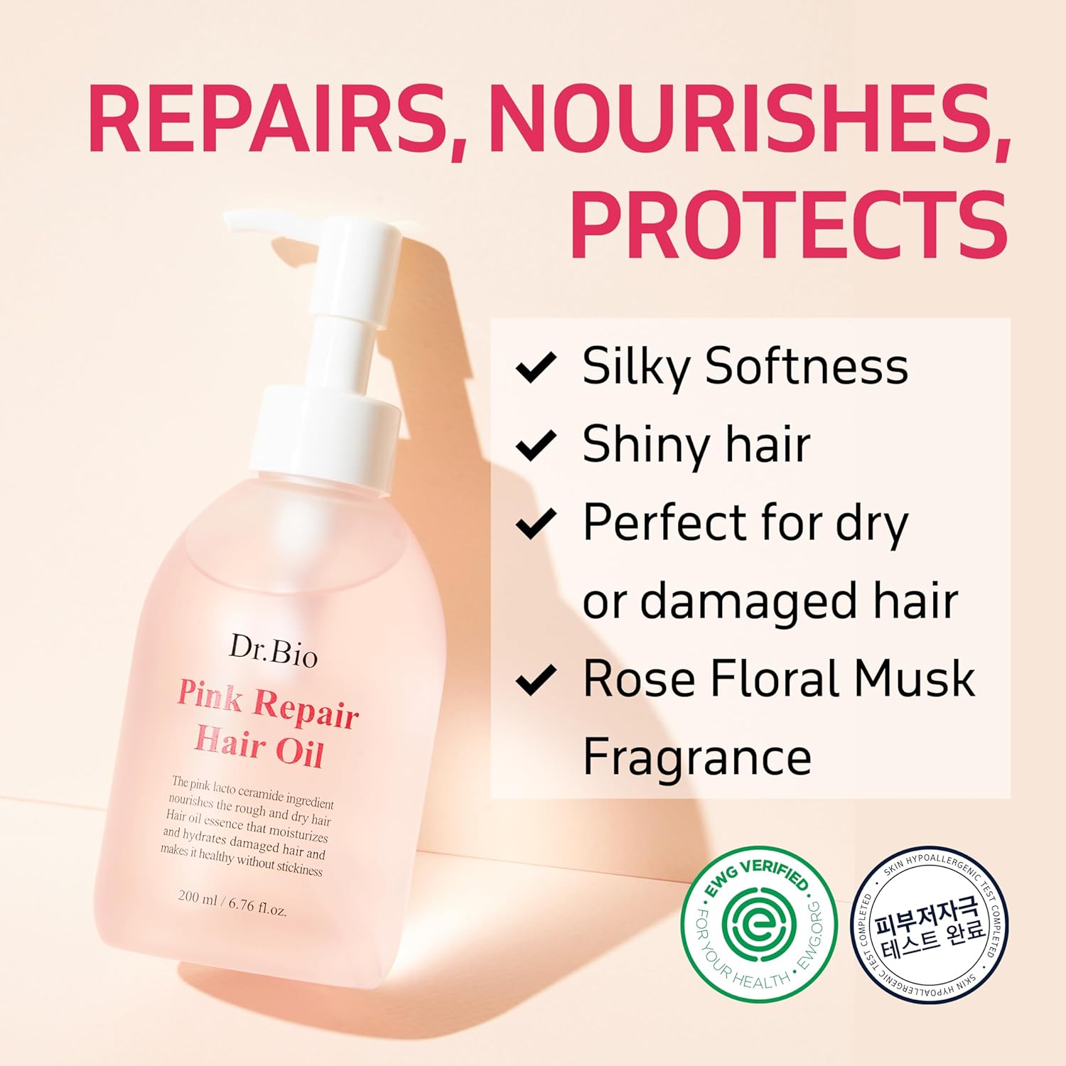 Dr. Bio Pink Repair Hair Oil – Lightweight Split End Treatment for Damaged Hair with Probiotics & Protein | Moisturizing, Non-Greasy Formula for Shine | Korean Vegan Hair Care (6.76 fl oz)