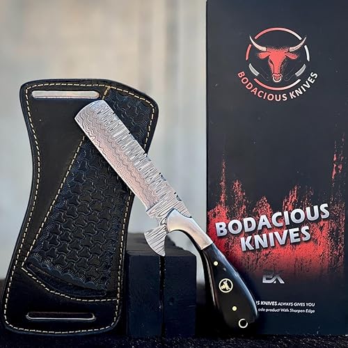 s Knives - Cuchillo cortador de toros de Damasco hecho a mano de 8 pulgadas con funda de cuero, cuchillo vaquero occidental para caza, desollado,