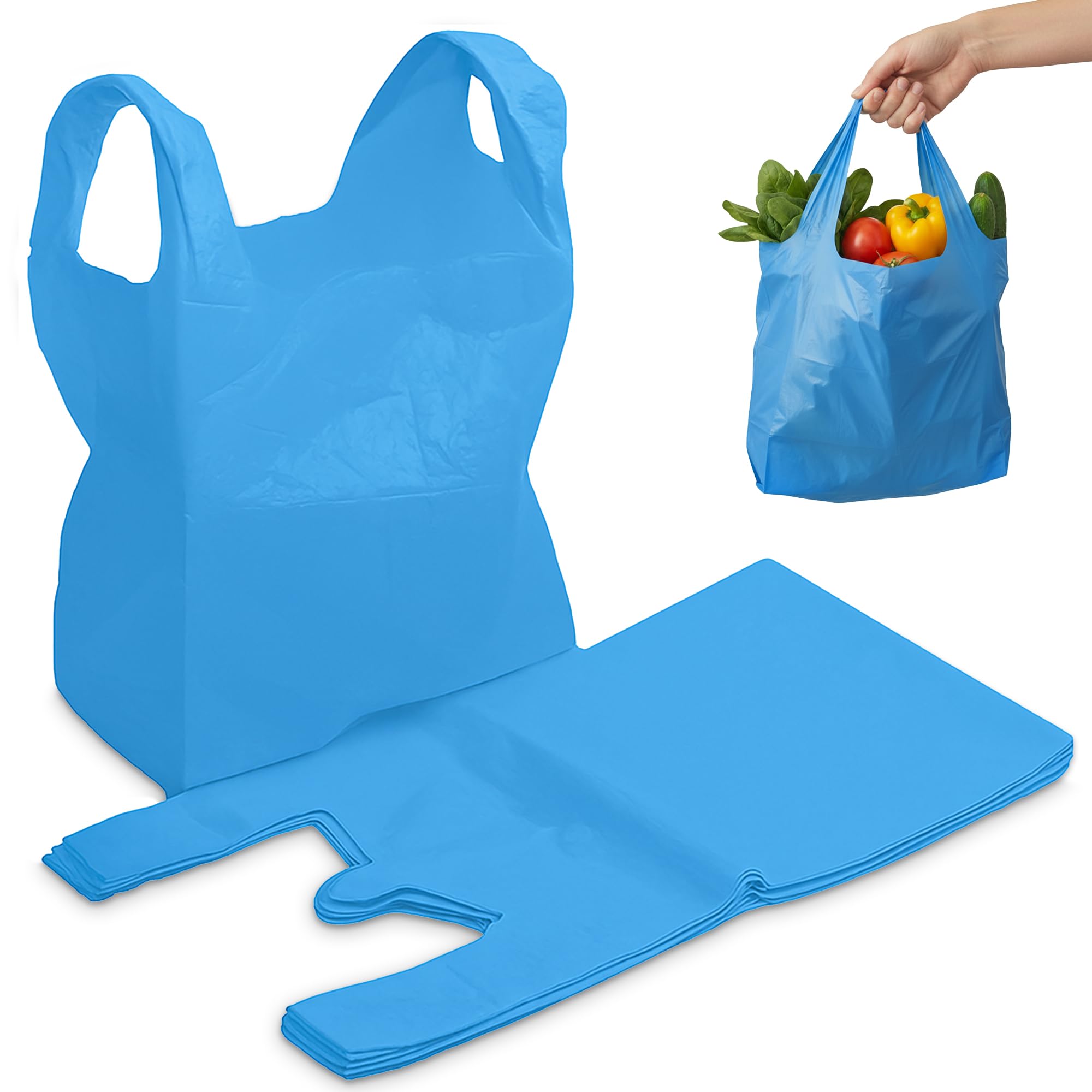 FERRISFERRIS | 200pk Strong Large Vest Carrier Bags with Handles | Multi-Purpose Heavy Duty Plastic Bags 11 x 17 x 21 | Use for Shopping, Market-Stalls, Takeaway, Groceries or General use in Kitchen (Blue)