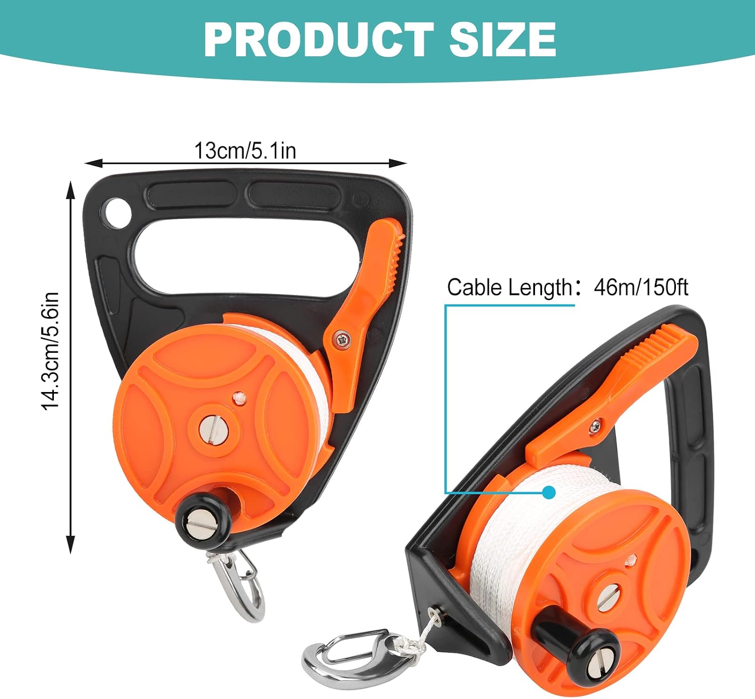 150 Ft/46 m Scuba Dive Reel, Portable Safety Handle Diving Reel with Thumb Stopper, High Visibility Line Spool Reel for Cave, Wreck, Drift Diving, Spear Fishing, Kayak Anchor, SMB (Orange)