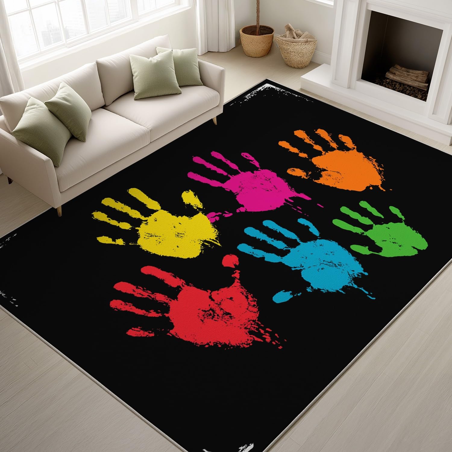 Tapis de salon rétro empreintes de mains pour décorer une chambre