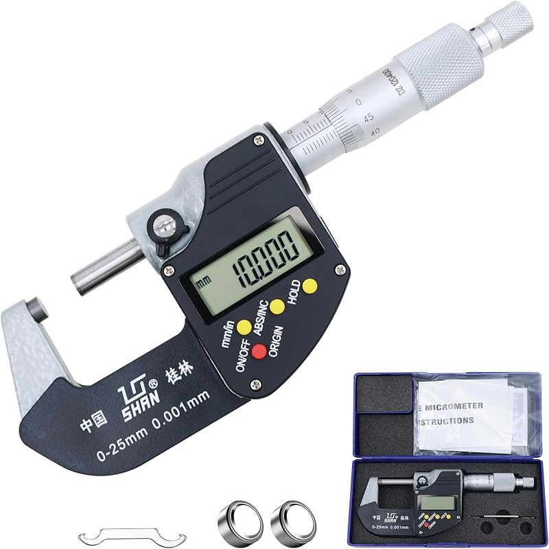 Digital Outside Micrometer, 0-1 in Range, 0.00005" Resolution, LCD Display | Micrometer Set, 0-1 inch Measuring Range, Ultra-Precision 0.0001 Accuracy, in/mm Switch, Carbide Tip, with Protective Case
