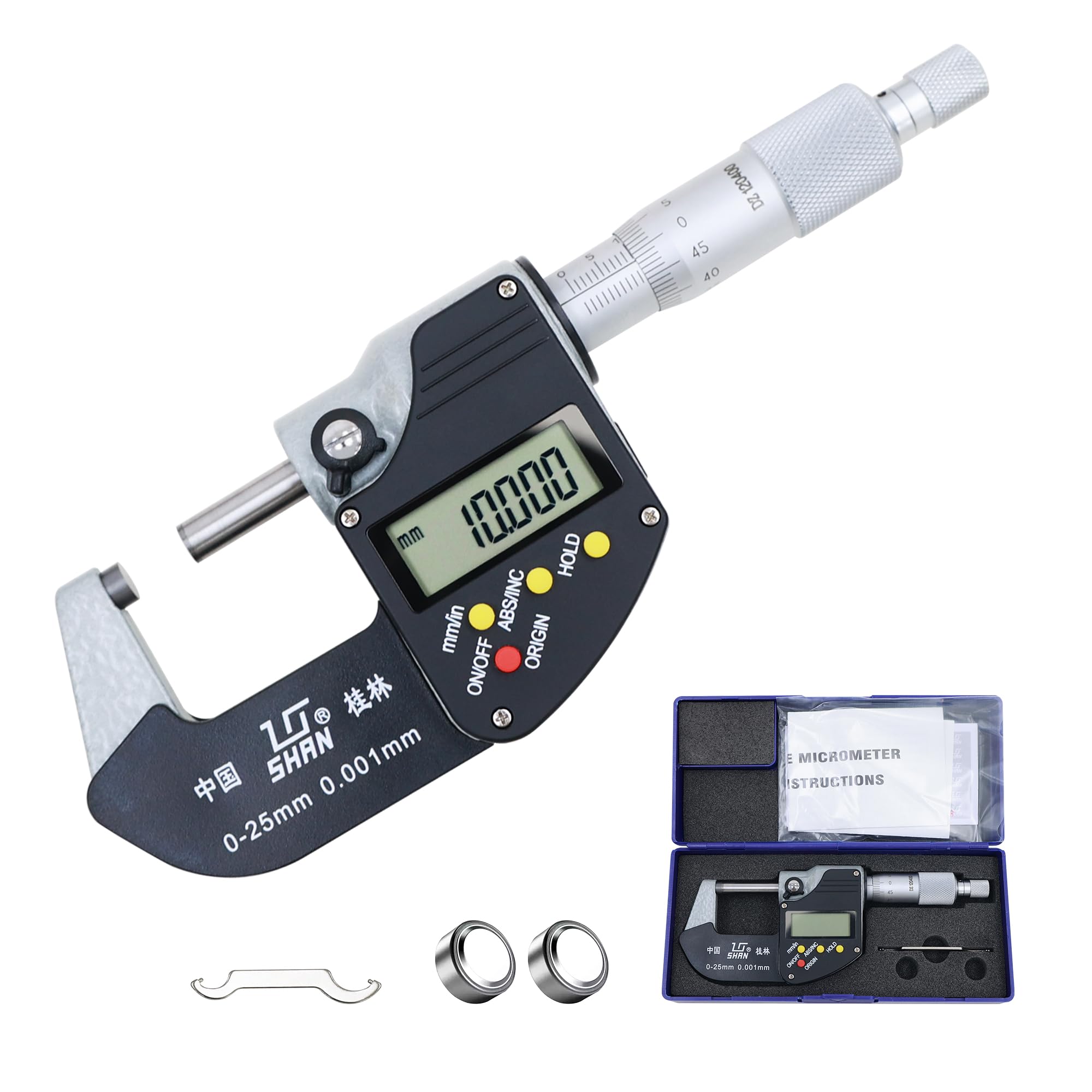Micrometro digitale professionale 0-1, risoluzione 0,00005" / 0,001 mm, digitale con punta in carburo, intervallo 0-1" con arresto a cricchetto, strumenti di precisione per officine meccaniche e set