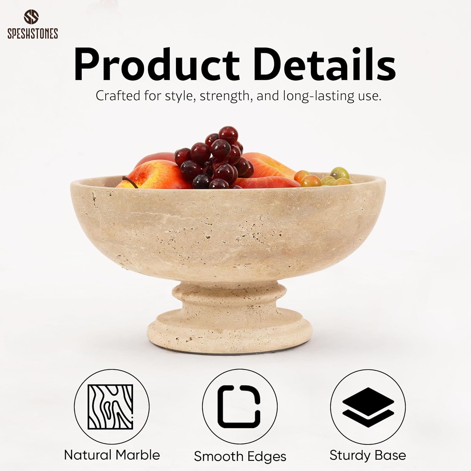 Marble Fruit Bowl for Kitchen Counter 10 Inch Travertine Serving Bowls for Dining Tables Centerpieces, Gifts & Home Decor, Candy Dish, Decorative Pedestal Bowl for Fruits Storage