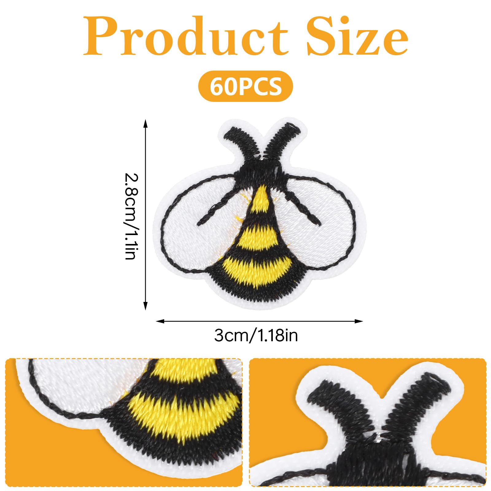 TIESOME Aufnäher in Bienenform, bestickt, zum Aufbügeln, niedliche Bienenform, dekorative Flicken zum Aufnähen, kleine Bügelbilder, bestickte Flicken, Dekoration für Taschen, Jacken, Jeans, 60 Stück