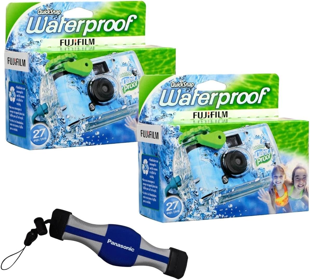 Fujifilm 2-Pack QuickSnap 800 Waterproof 35mm One-Time-Use Disposable Camera, 27 Exposures with Panasonic Floating Camera Strap, 7025227