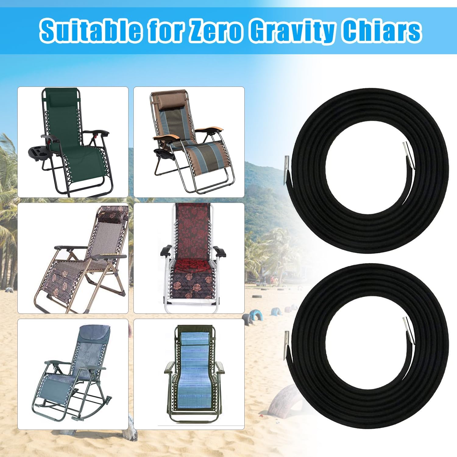 Ostlttyn Zero Gravity Chair Replacement Cord, 8 Pcs Durable Bungee Elastic Laces Replacement Cords for Zero Gravity Chair Lounge Chair Patio Recliner Lawn Chair Repair Kit, Black