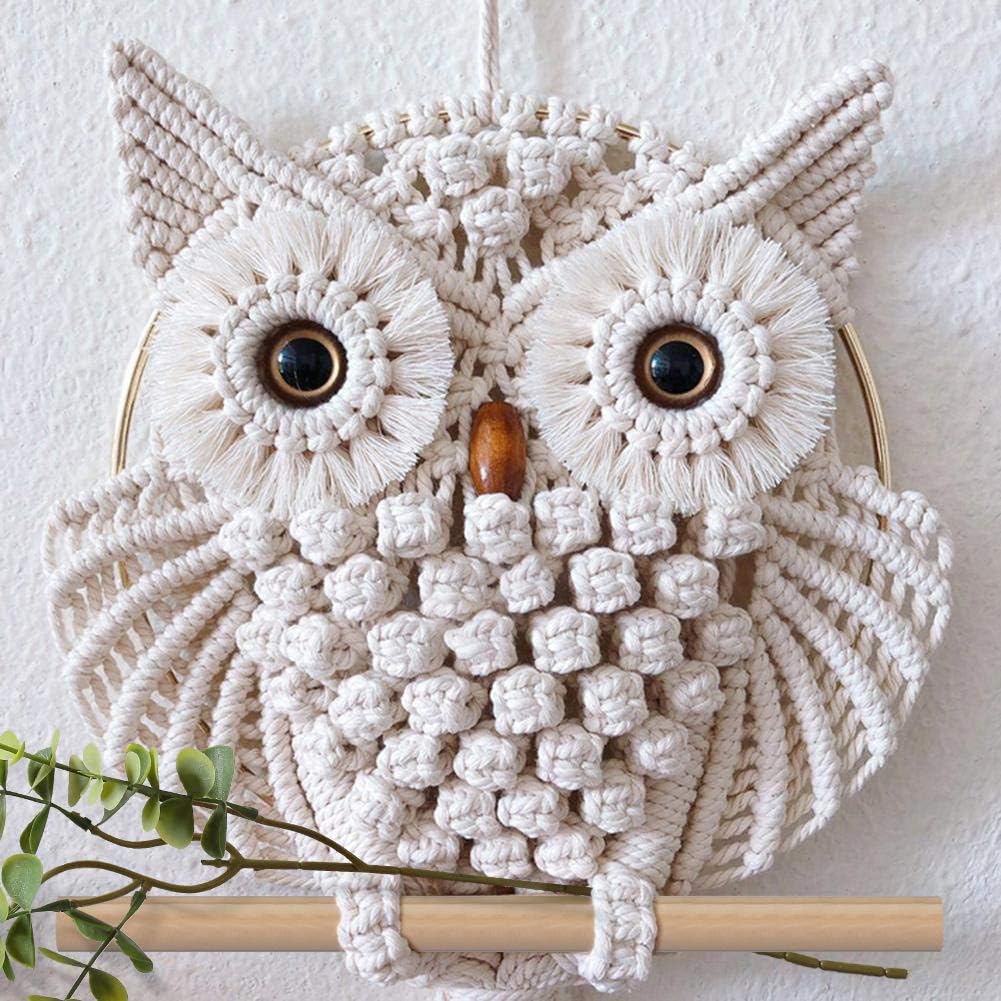 AOMGD 2 Pcs Owl Macrame Wall Hanging Tapestry Art Decor Handmade Woven Boho Ornament Wall Hanger for Office Bedroom Apartment Living Room Nursery Gallery(Width: 11.8"& 5.9")