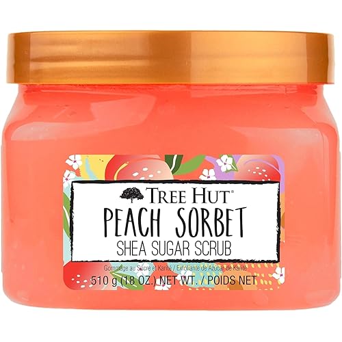 Tree Hut Peach Sorbet Shea Sugar Scrub, Exfoliating, Hydrating & Moisturizing Body Scrub with Shea Butter & Nourishing Essential Oils, Smooth & Soften Skin, 18 oz