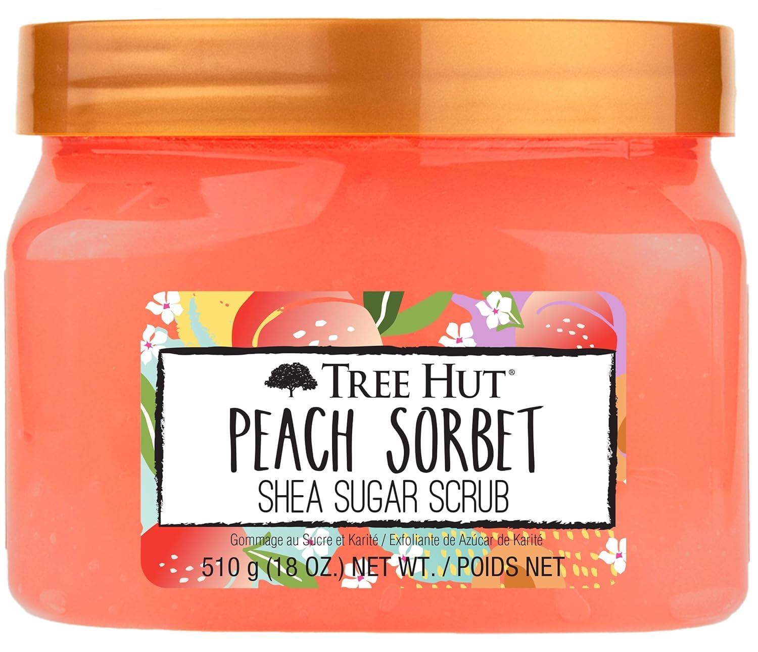 Tree Hut Peach Sorbet Shea Sugar Scrub, 18 uncji, Ultra nawilżający i złuszczający peeling do pielęgnacji niezbędnej pielęgnacji ciała