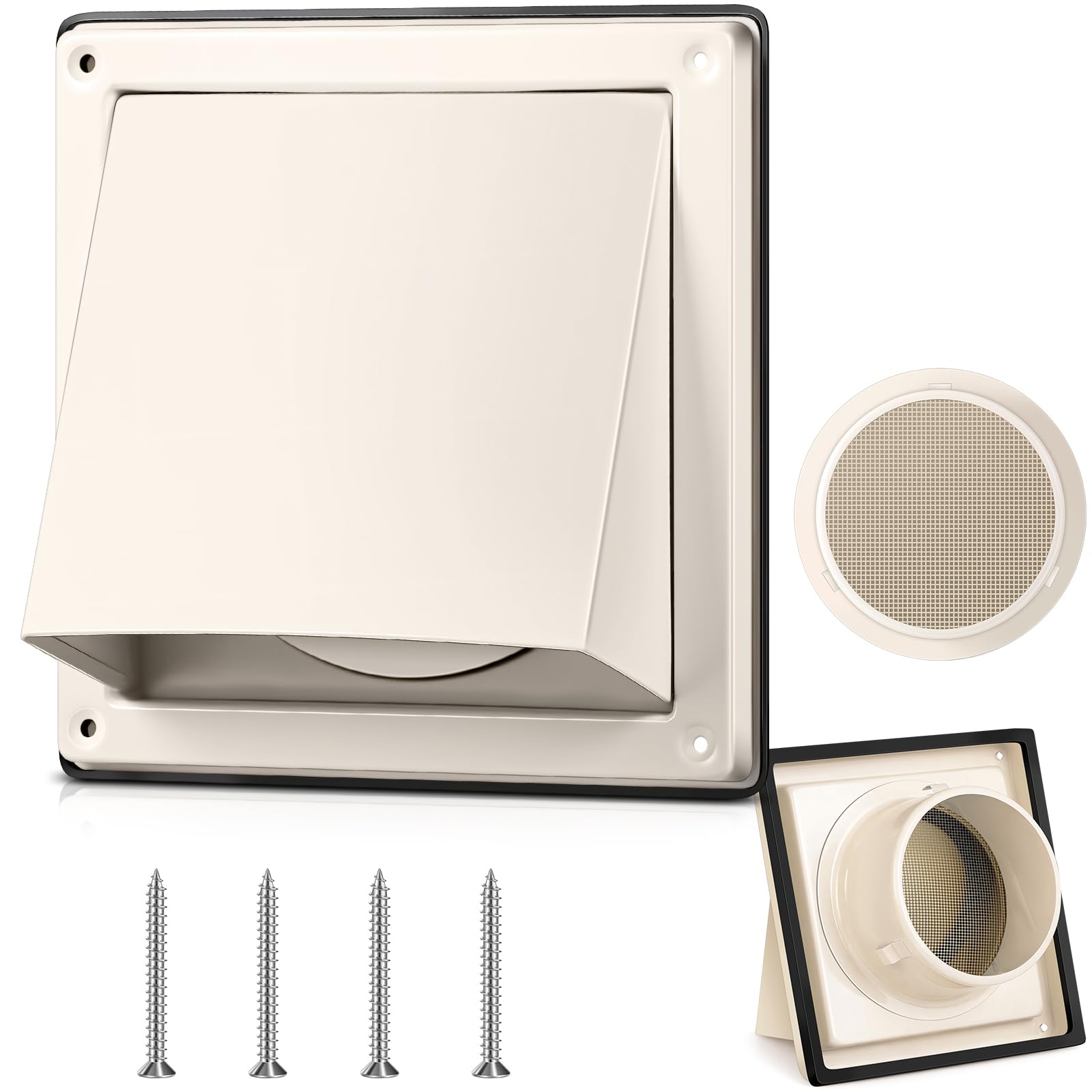 Gisafai 6 Inch Dryer Vent Cover Outdoor with Stainless Steel Screen Tan Wall Dryer Exhaust Vent Cover External Cap Cushioned Non Return Flap with Sealing Gasket Grille, Bird/Insect Proof