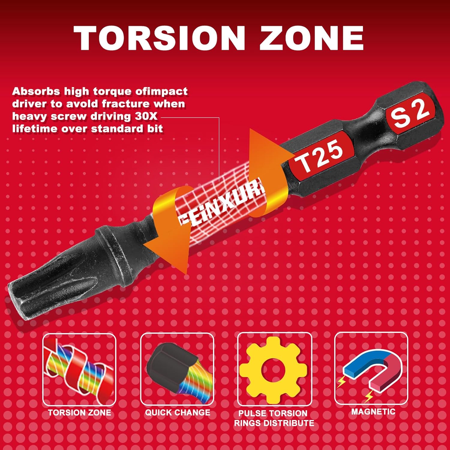 Geinxurn 30 Pieces 2 In. T25 Impact Tough Magnetic Screwdriver Bit Set, #25 Torx Head Power Bits, S2 Alloy Steel Star Bits with 1 Pc Impact Bit Holder and Storage M-Box