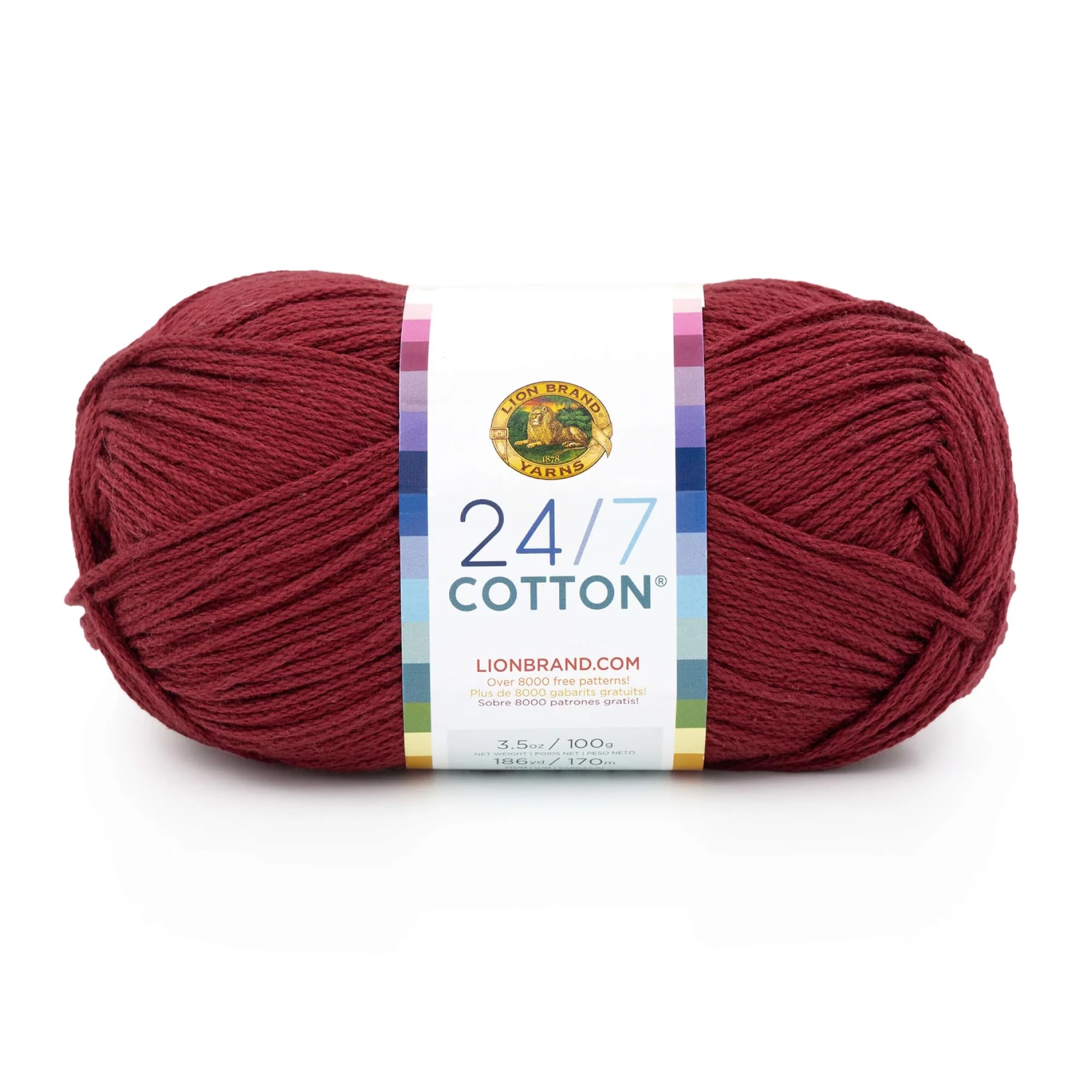 Lion Brand 24/7 Cotton Yarn, Lightweight Yarn for Knitting, Crocheting, and Crafts, 1 Pack, Burgundy — image 1