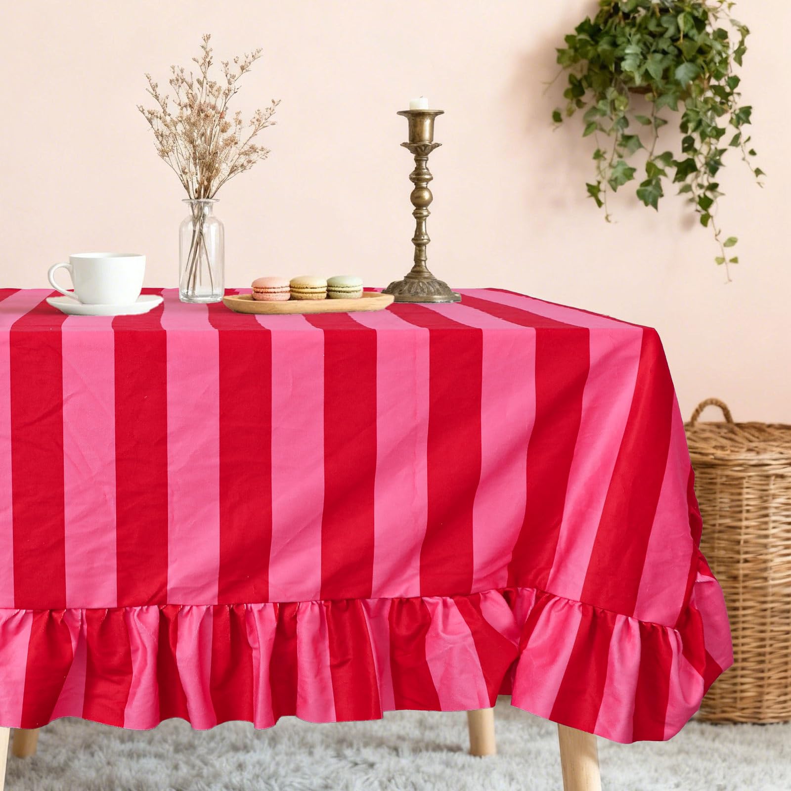 JarThenaAMCS Ruffle Velvet Tablecloth Table Cloth Boho Pink Red Striped Rectangle Decorative Table Cover for Home Kitchen Baby Shower Party Wedding Decor, 55 x 70 Inch-image-34