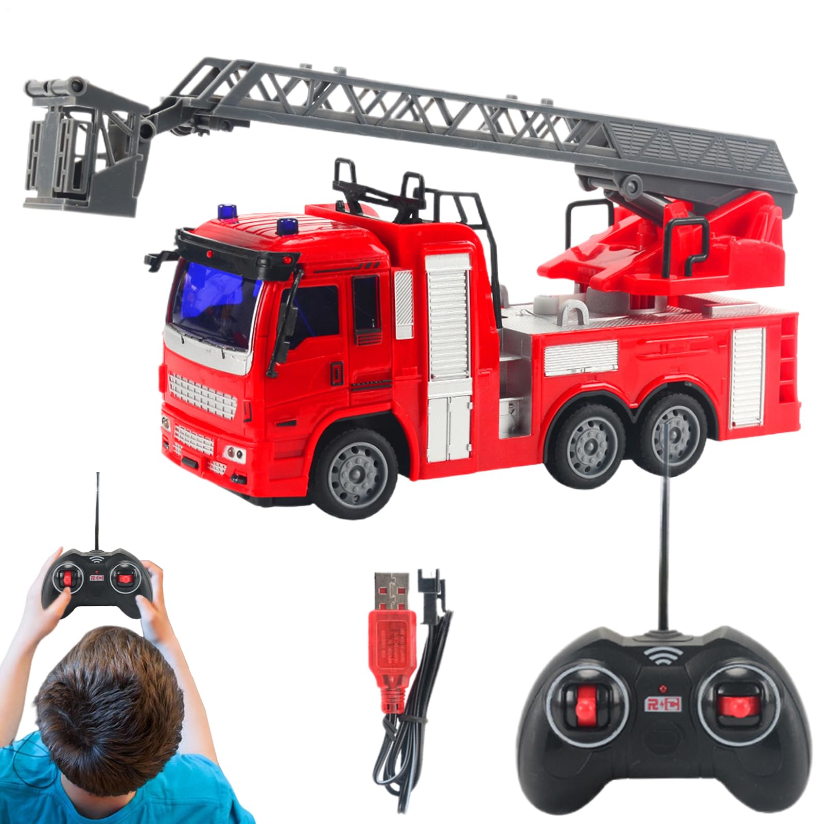 Camión Bomberos - Autobomba Teledirigido | Escalera con Lanza, Luces Parpadeantes, Acción Bump-N-Go, Vehículo Eléctrico, Regalo Cumpleaños Niños 3-8 Años