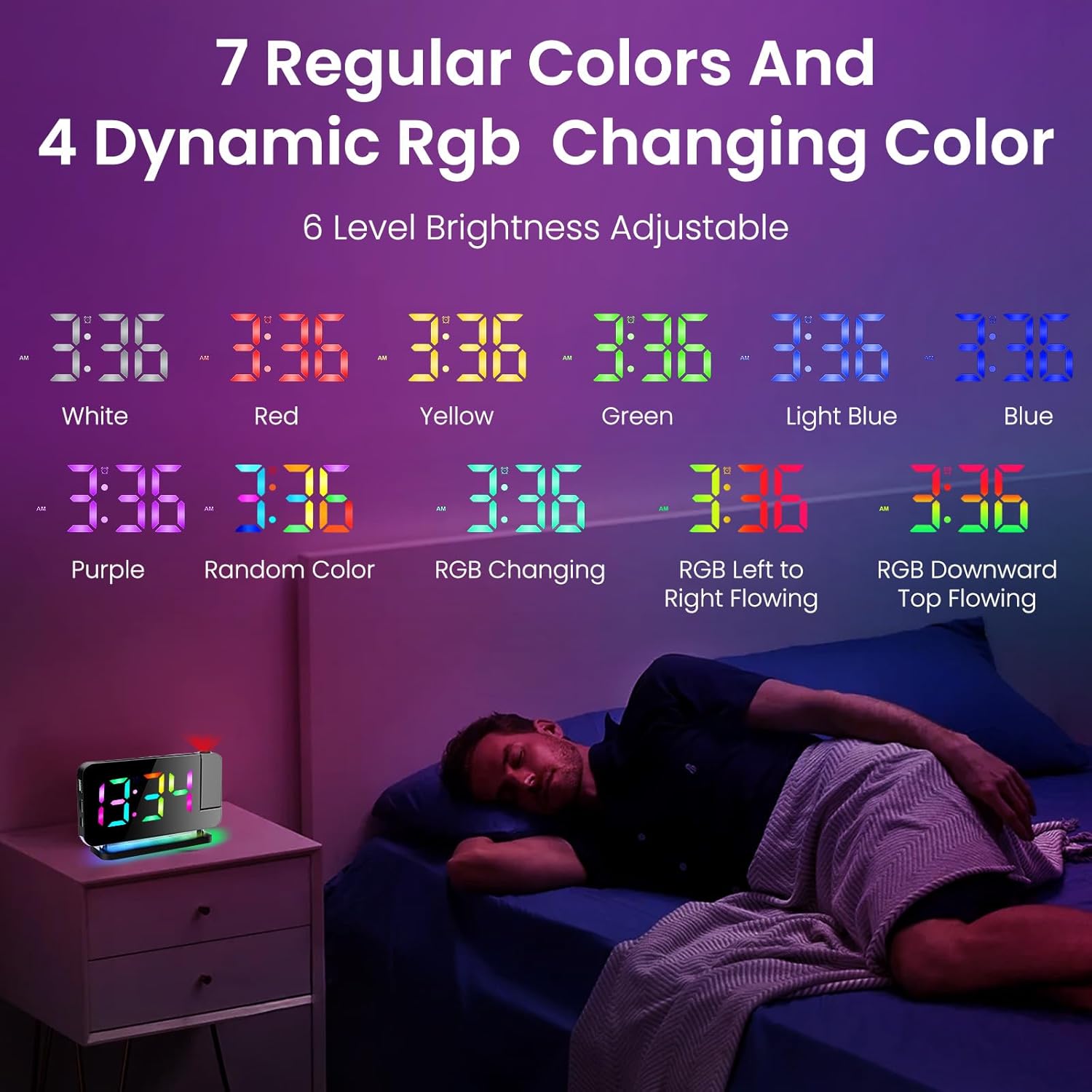 Digital Projection Alarm Clocks for Bedrooms,LED Mirror Digital Alarm Clocks with 180° Rotatable Projector, RGB Night Light,USB Charger Port, Auto Dimmer, Snooze function,FM radio function (Black)