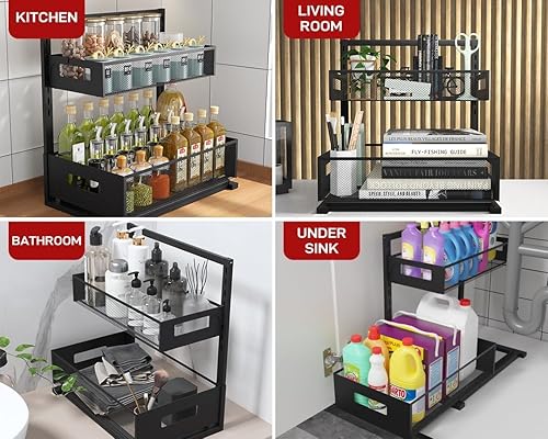 Miniatura 3 de Organizadores y almacenamiento para debajo del fregadero, paquete de 2 organizadores de gabinete extraíble, altura ajustable, organizador de baño de