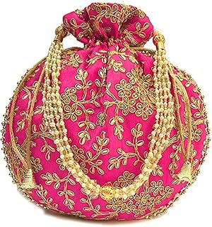 Indian Ethnic Designer Embroidered Silk Potli Bag Batwa Pearls Handle Purse Clutch Purse for Women