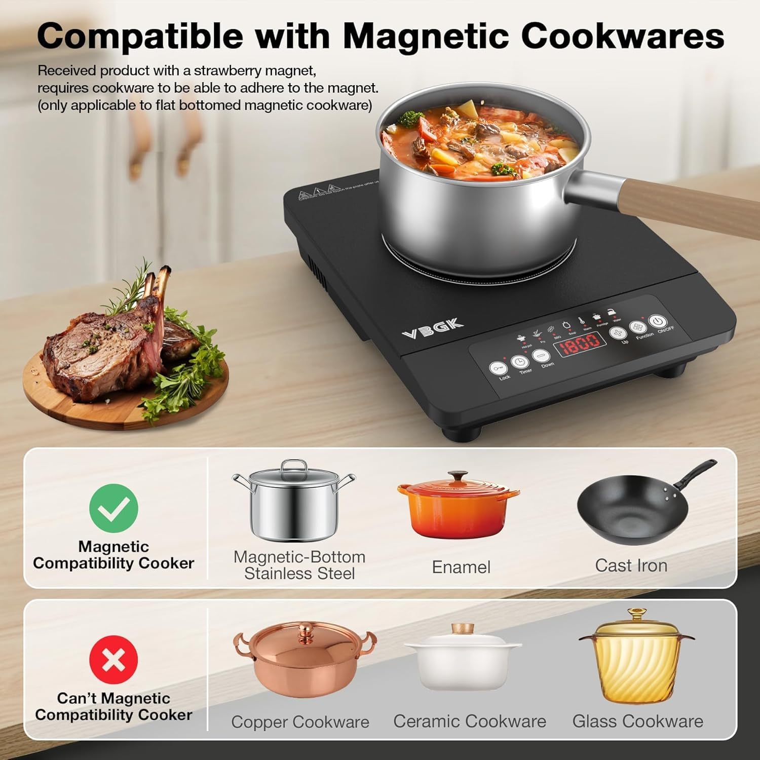 Cocina de inducción de un solo quemador, Cocina de inducción portátil de 1800 W, Placa caliente de 110 V con sensor LCD táctil, 7 niveles de temperatura de hasta 518 °F, bloqueo de seguridad 5