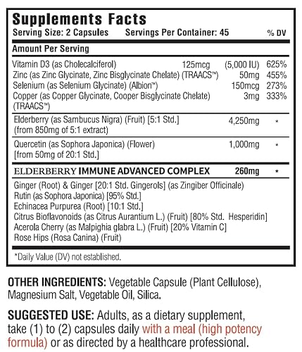 (90 Capsules), Quercetin 1,000mg, Elderberry 4,250mg, Zinc 50mg, Vitamin D3 5,000iu, Selenium, Copper, Acerola, Ginger, Rutin, Bitter Orange, Rose Hips, Echinacea, 12 in 1 Immune Advanced Complex.