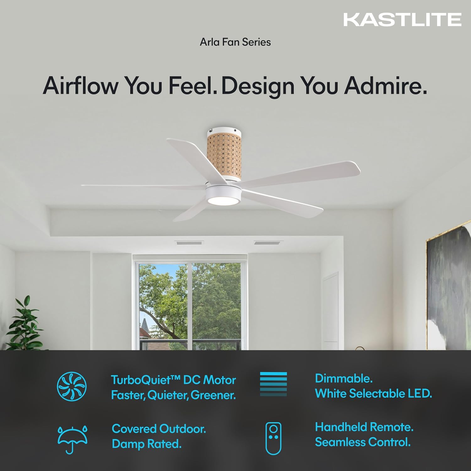 KASTLITE 52" Boho Matte White Ceiling Fan with Light & Remote Control | 6CCT Dimmable Up & Down LED Lighting, Natural Rattan Aesthetic Cage | Powerful Cooling, Whisper Quiet Blades, DC Motor | Arlo