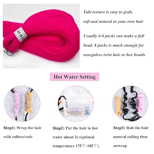 Miniatura 7 de UPruyo Extensiones de cabello trenzado de color rosa intenso, preestiradas, cabello trenzado preestirado, color rosa neón, textura Yaki, cabello