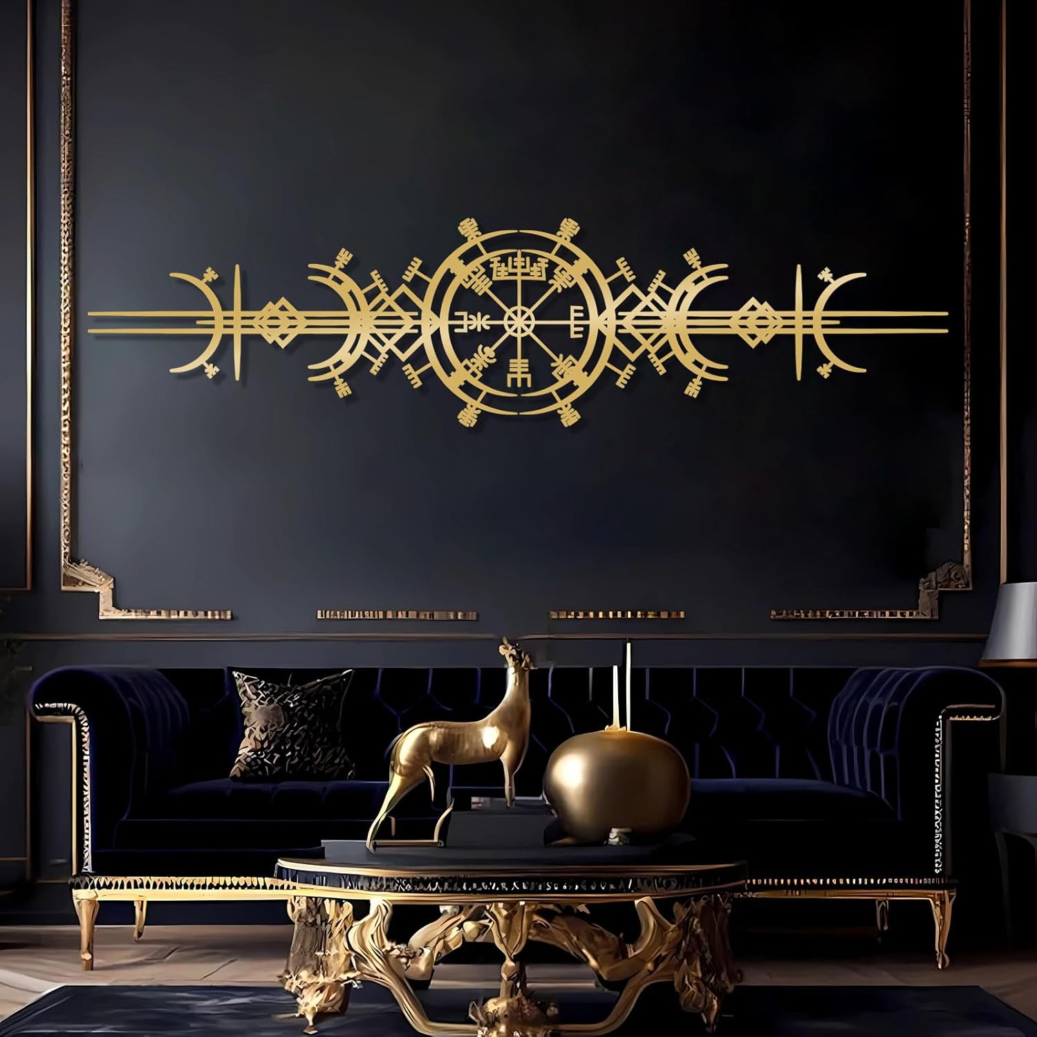 lecyin Vegvisir Metal Wall Art, Viking Wayfinders Wall Decor, Viking Symbol Metal Wall Hanging, Rune Circle with Mjlnir, Old Norse Sign, Extraordinary Vegvisir Sculpture (Black, 7"x30") - Image 5