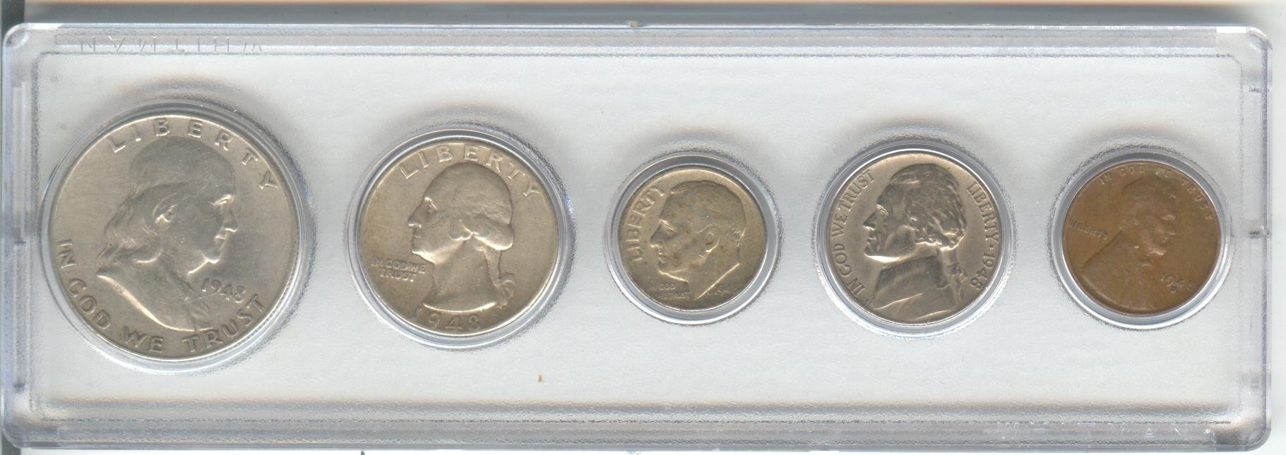 1948 Birth Year Coin Set (5) Coins Half Dollar, Quarter, Dime, Nickel, and Cent Mounted In a Plastic Holder Very Good