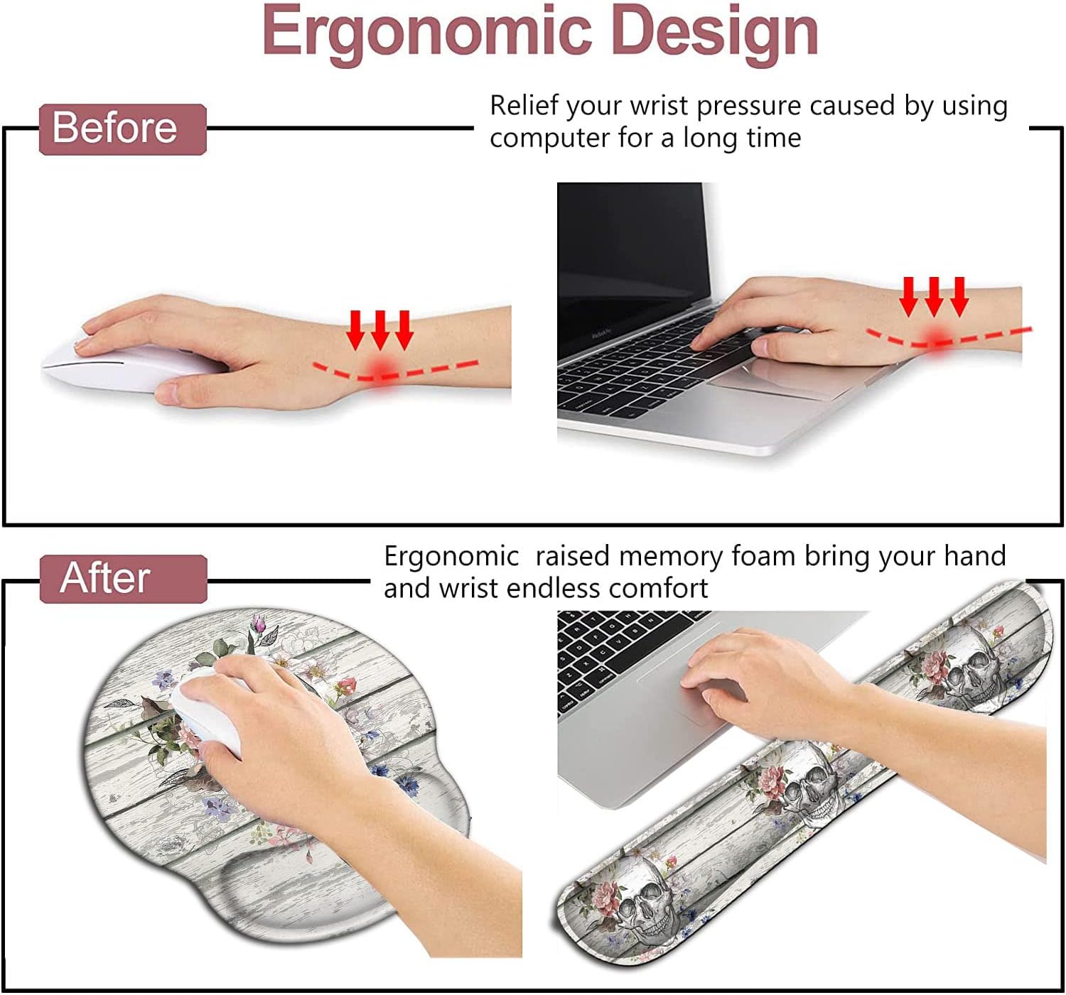 Mouse Pad with Wrist Support, Ergonomic Gel Mouse Pad, Memory Foam Keyboard Wrist Rest, Pattern Design of Skull Skeleton Flowers on Vintage Wood Suitable for Office Typing, Games, Desktop Decoration