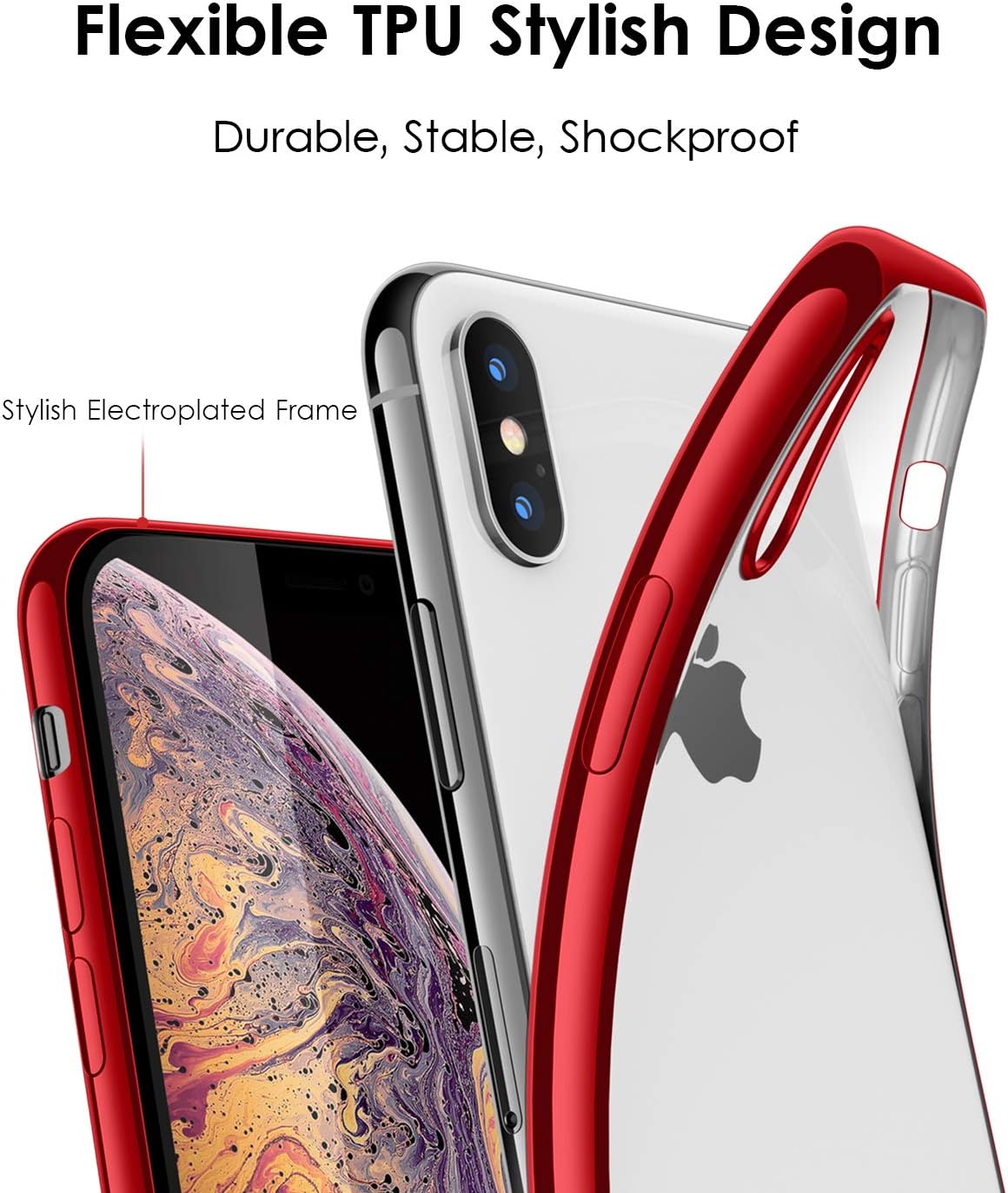 DTTO iPhone Xs Max Case, Slim Fit Clear Soft TPU Cover Case with Metal Luster Edge for Apple iPhone Xs Max 6.5 Inch (2018 Released)-Bright Red