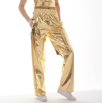 NewL Women Shiny Hip Hop Trousers Metallic Wetlook Wide Leg Pants Retro Disco Hippie Club Straight Leg Pants Streetwear
