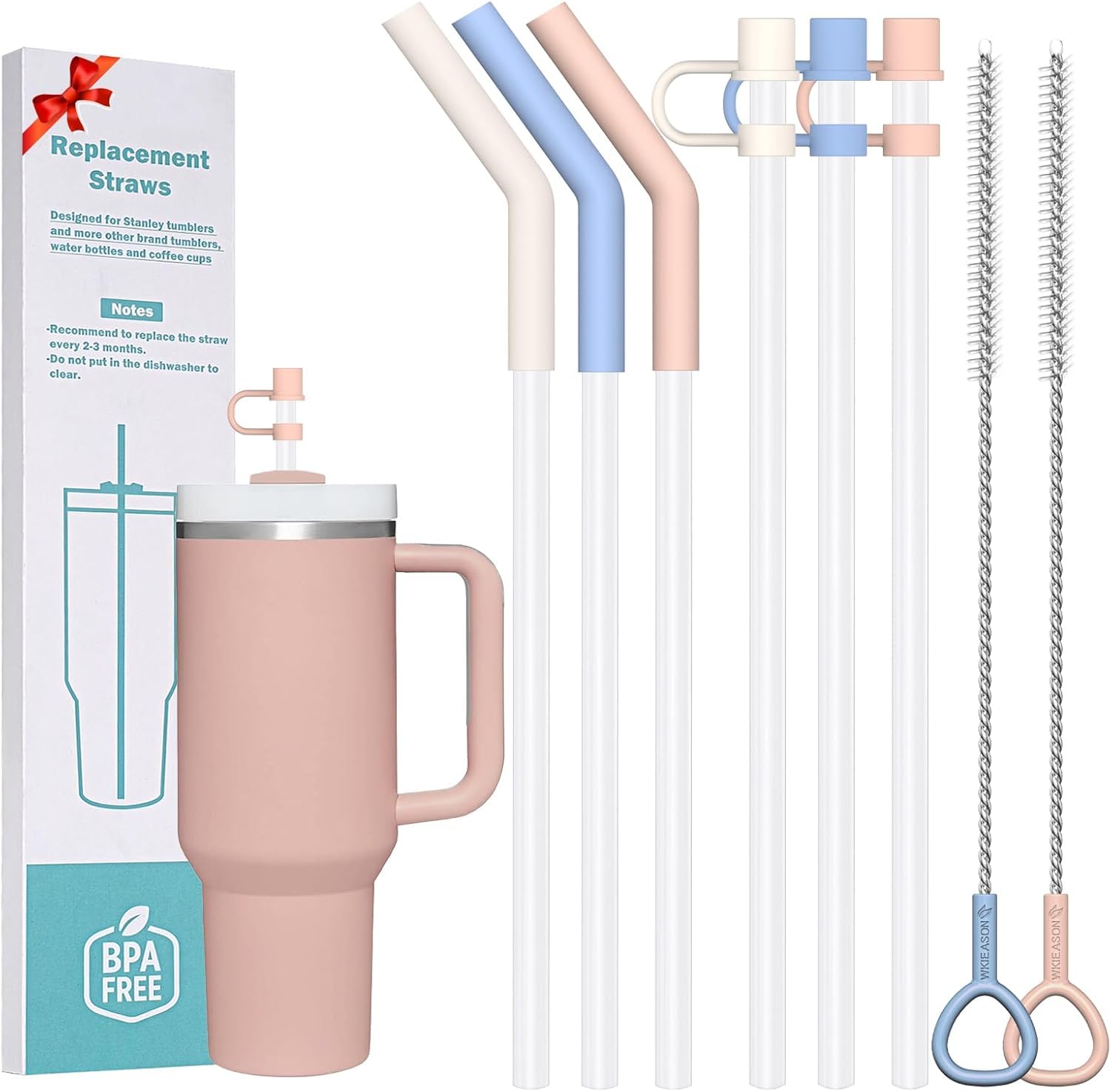 WK ieason 6pcs Reusable Straws for Stanley 40 oz 30 oz Cup and Tumbler, 12 Inch Long Plastic Replacement Straws with Silicone Straw Tips, Straw Cover and Cleaning Brush As Stanley Cup Accessories