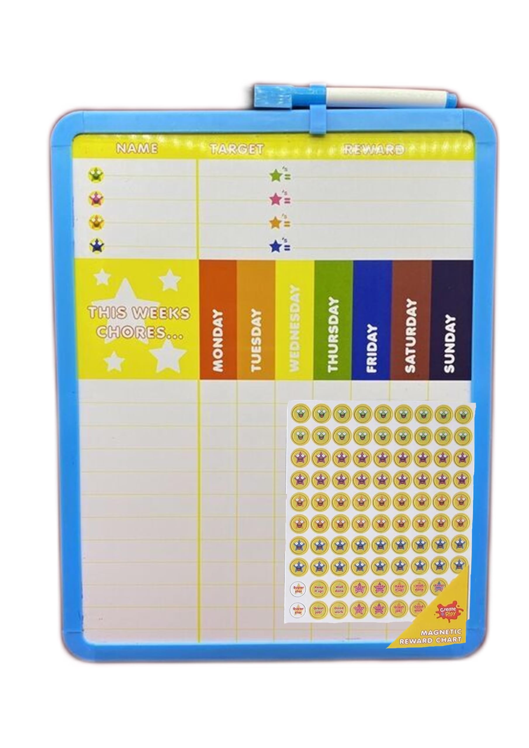 Reward Chart for Children - Star Chart for Recognising and Inspiring Good Behaviour in Toddlers, Kids, Boys and Girls - Comes with Stickers and dry marker pen (Blue)