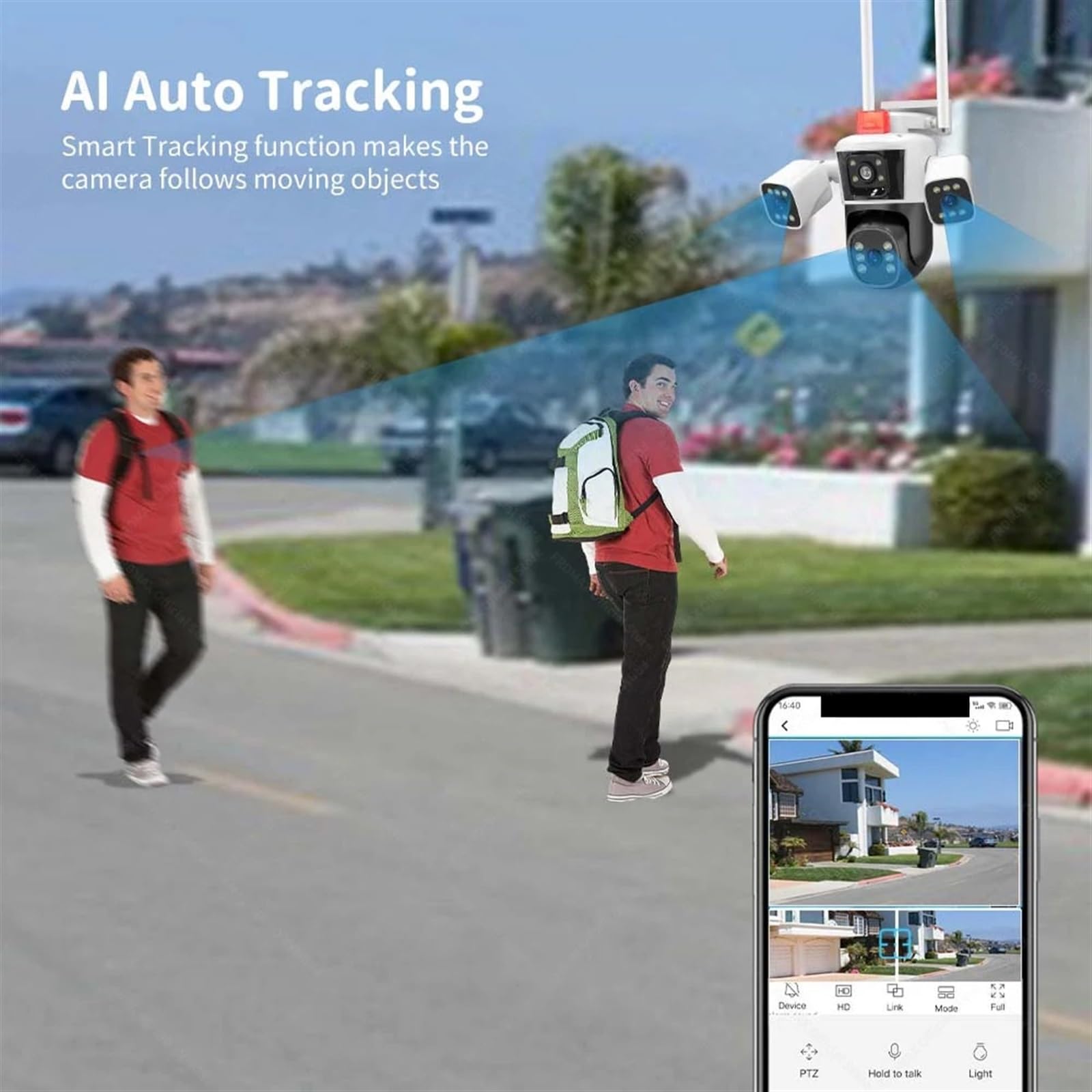 Telecamera di sicurezza, Telecamera IP 6K 12MP esterna a tre obiettivi Vista panoramica PTZ Monitoraggio AI Protezione di sicurezza Video sorveglianza CCTV(6K Cam Add 64G)