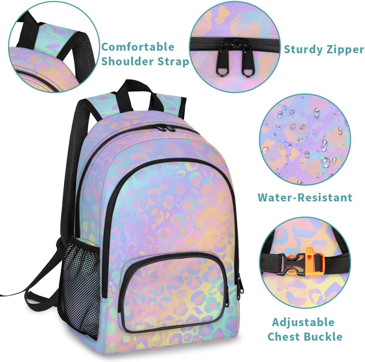 School Backpack Casual Bookbag with Multiple Pockets 18 inch Laptop Backpacks for Travel Hiking, Schoolbag for Students Girls Boys Women Men, Colorful Leopard Print - Image 4