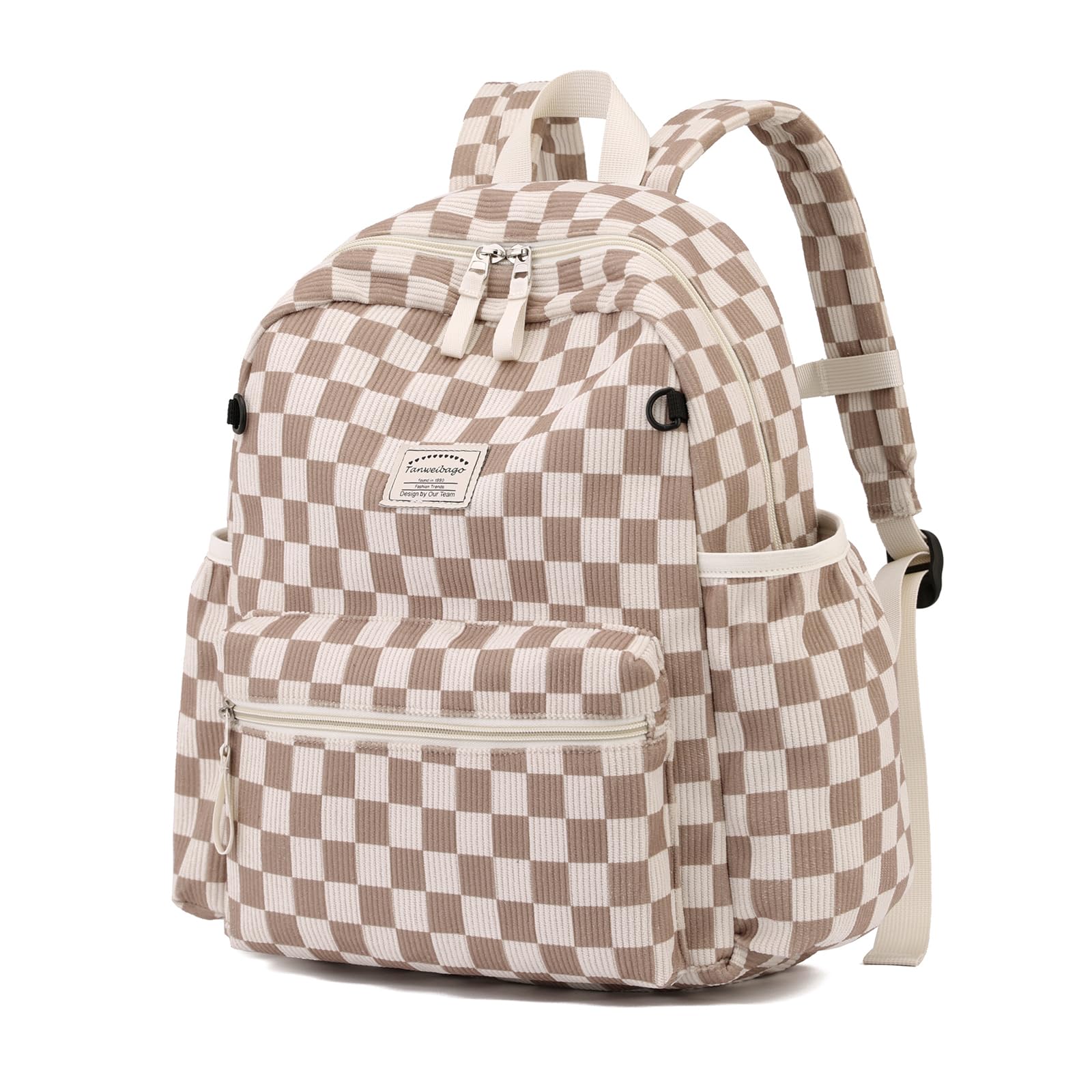 Tanweibago Corduroy Kids Backpack for Boys Girls Backpacks for Primary Elementary Kindergarten 6-10 (Checkered Brown, Medium (15" H Fit A4 Folder))