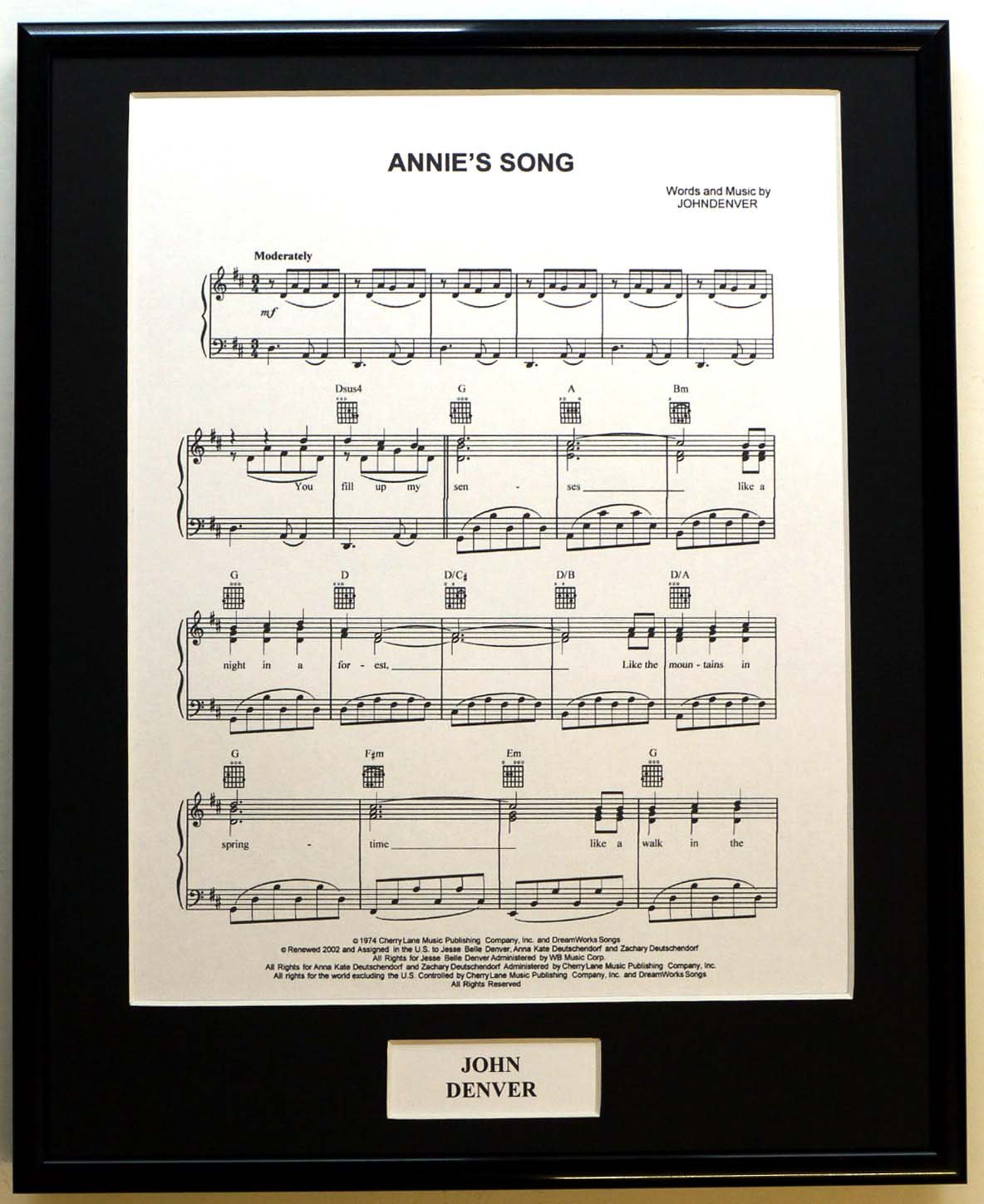 Framed Songhseet John Denver/Framed Songsheet/Annie's Song (Can Be Personalised)