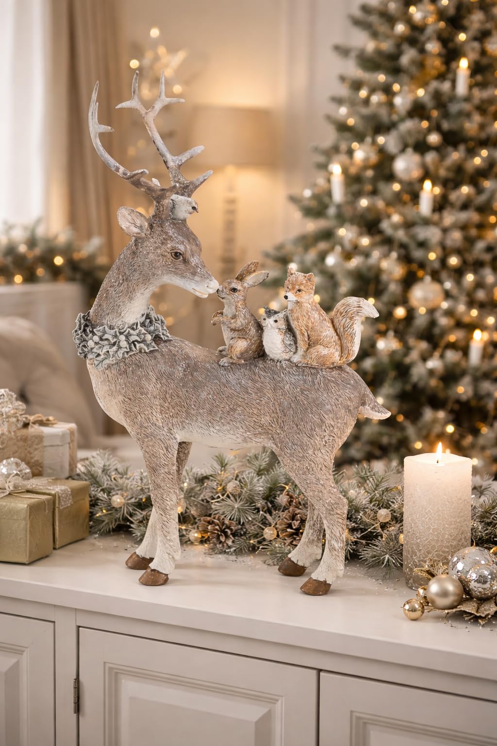 Statuetta decorativa a forma di cervo con animali della foresta e glitter, decorazione natalizia, per l'Avvento e l'inverno