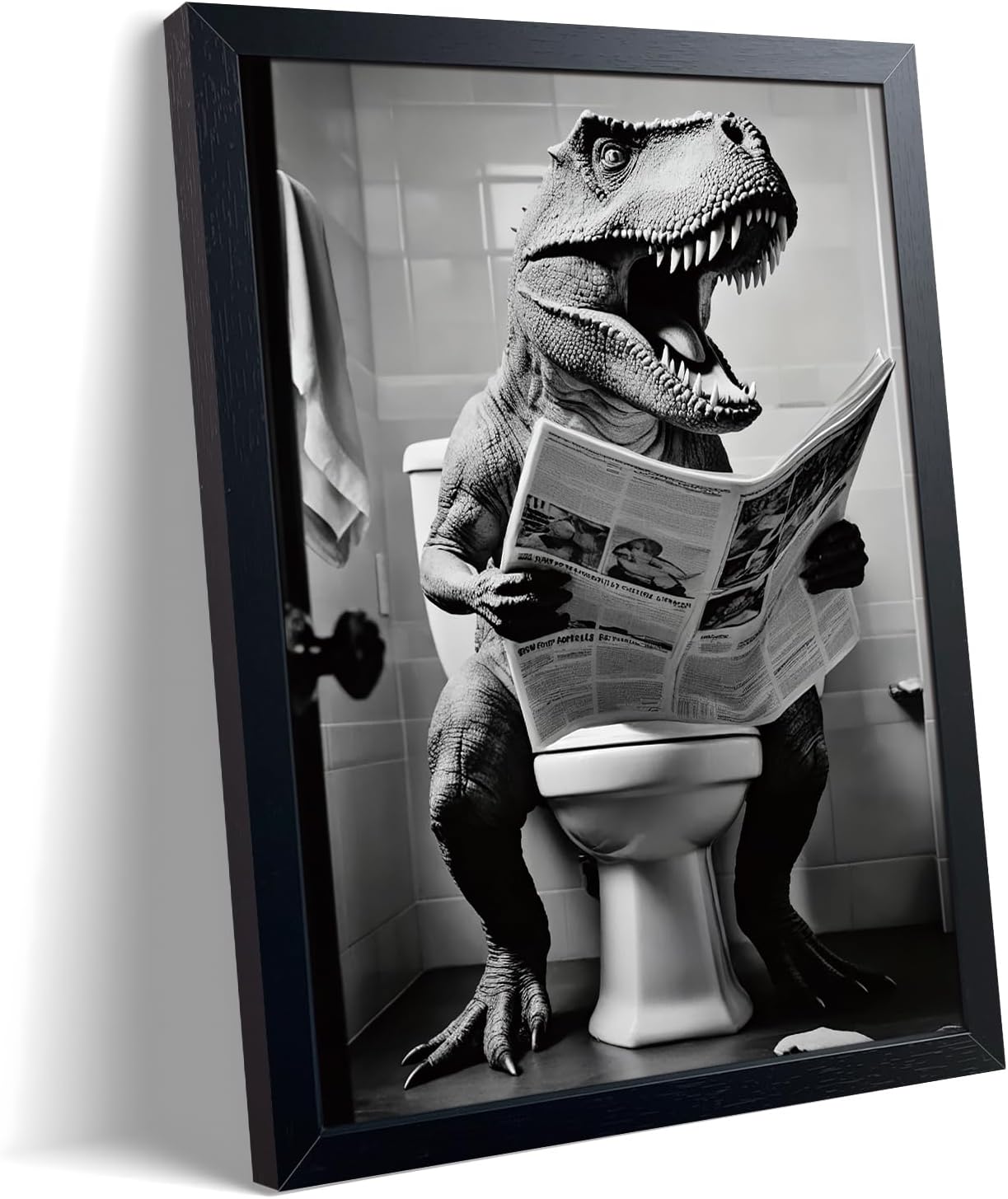 ARKZSHO Funny Dinosaur Bathroom Wall Art, Black and White T-Rex Reading Newspaper Canvas Print Poster, Humorous Animal Toilet Artwork, Modern Farmhouse Restroom Home Wall Decor (Framed 24''x16'')