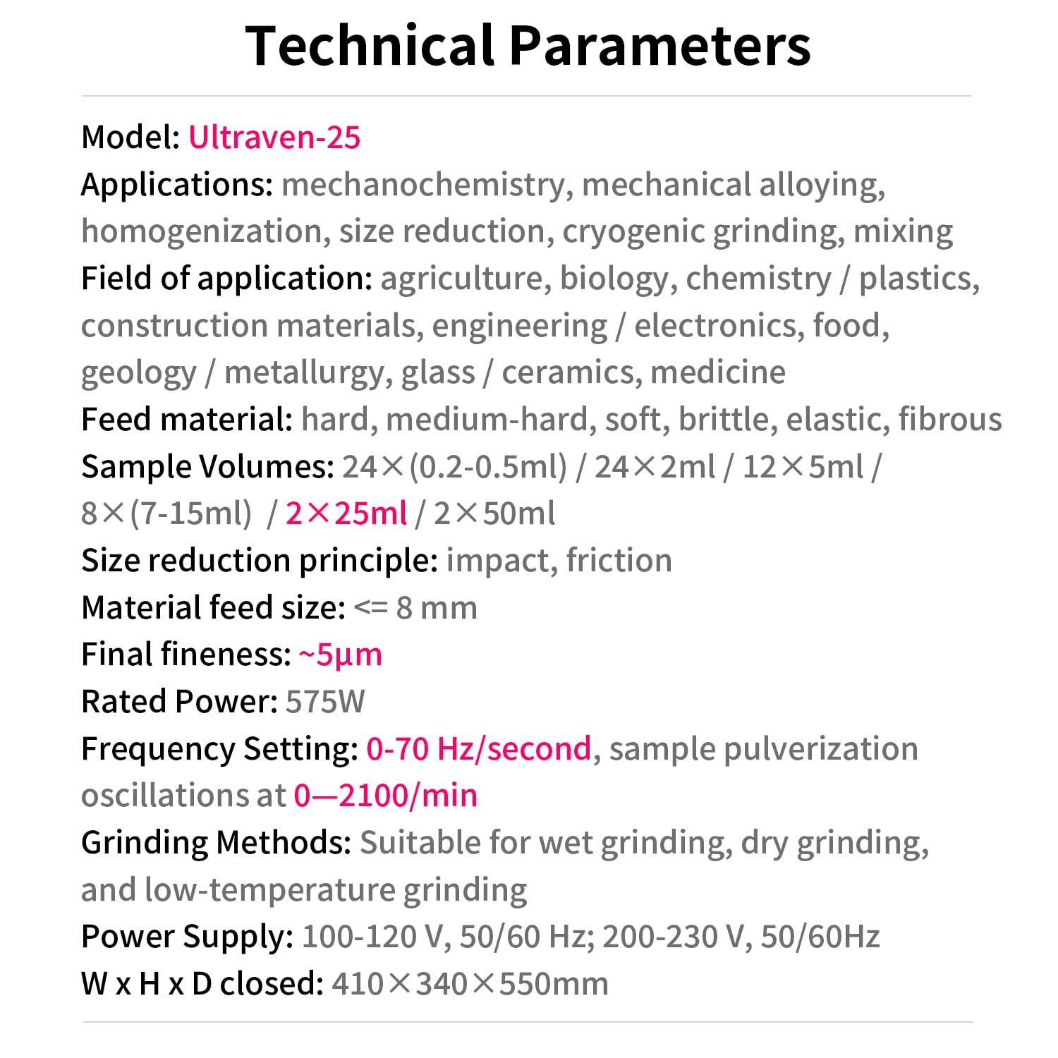 Grinder Mill,lab homogenizer Grinder Ultraven-25 - for Jars of min. 2 ml and max. 50 ml,Final fineness ~ 5 µm,Suitable for Dry, Wet or cryogenic Grinding,Grinder jar 2×25ml