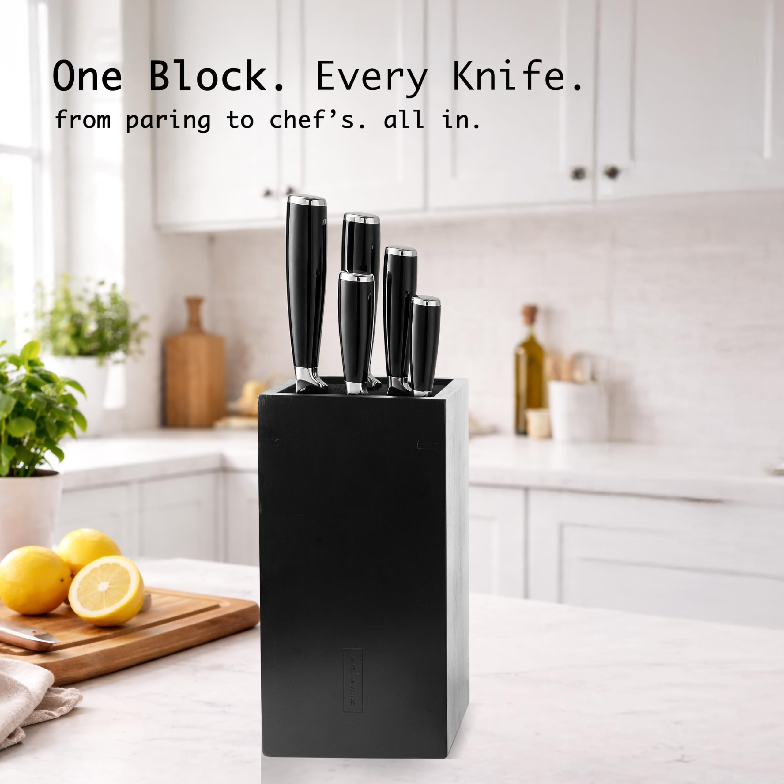 KAIZEN Messerblock aus Bambus, perfekte Größe, Universal-Messerhalter für Messer, Scheren und Utensilien, einzigartiges, platzsparendes Design mit rutschfester Unterseite (ohne Messer)